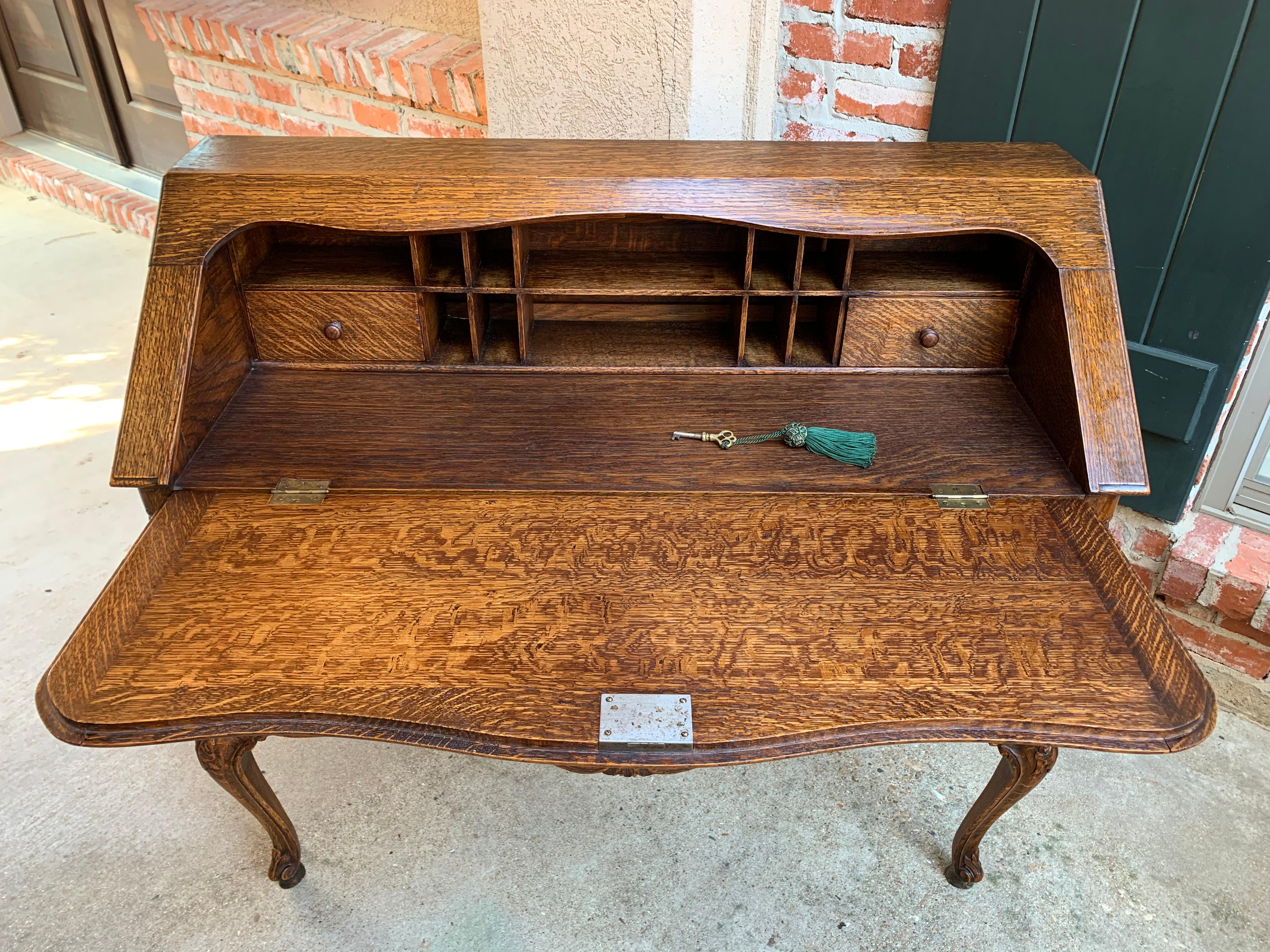 French Carved Tiger Oak Secretary Desk Bureau Drop Front Table Louis XV Style 7