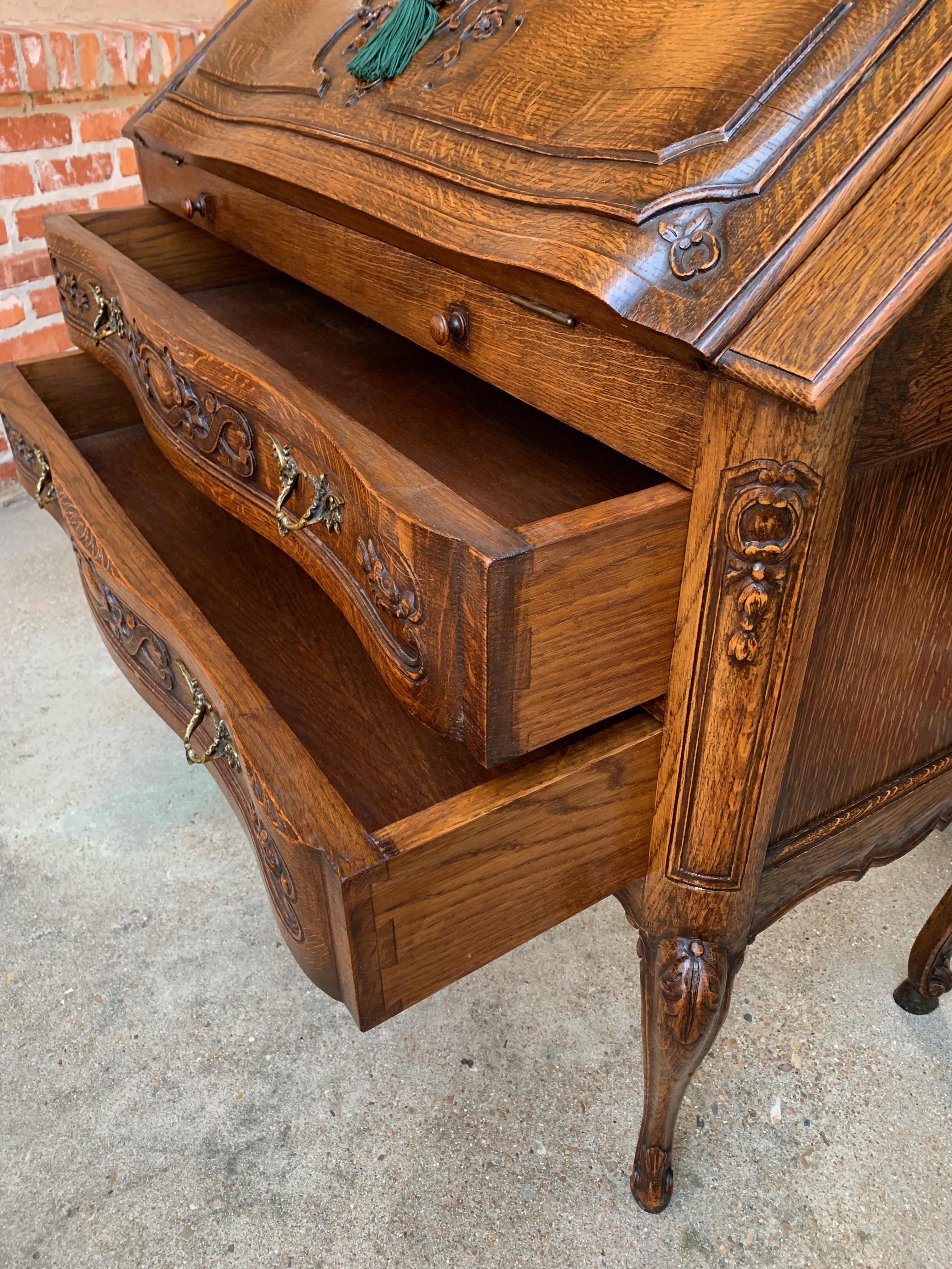 French Carved Tiger Oak Secretary Desk Bureau Drop Front Table Louis XV Style 8