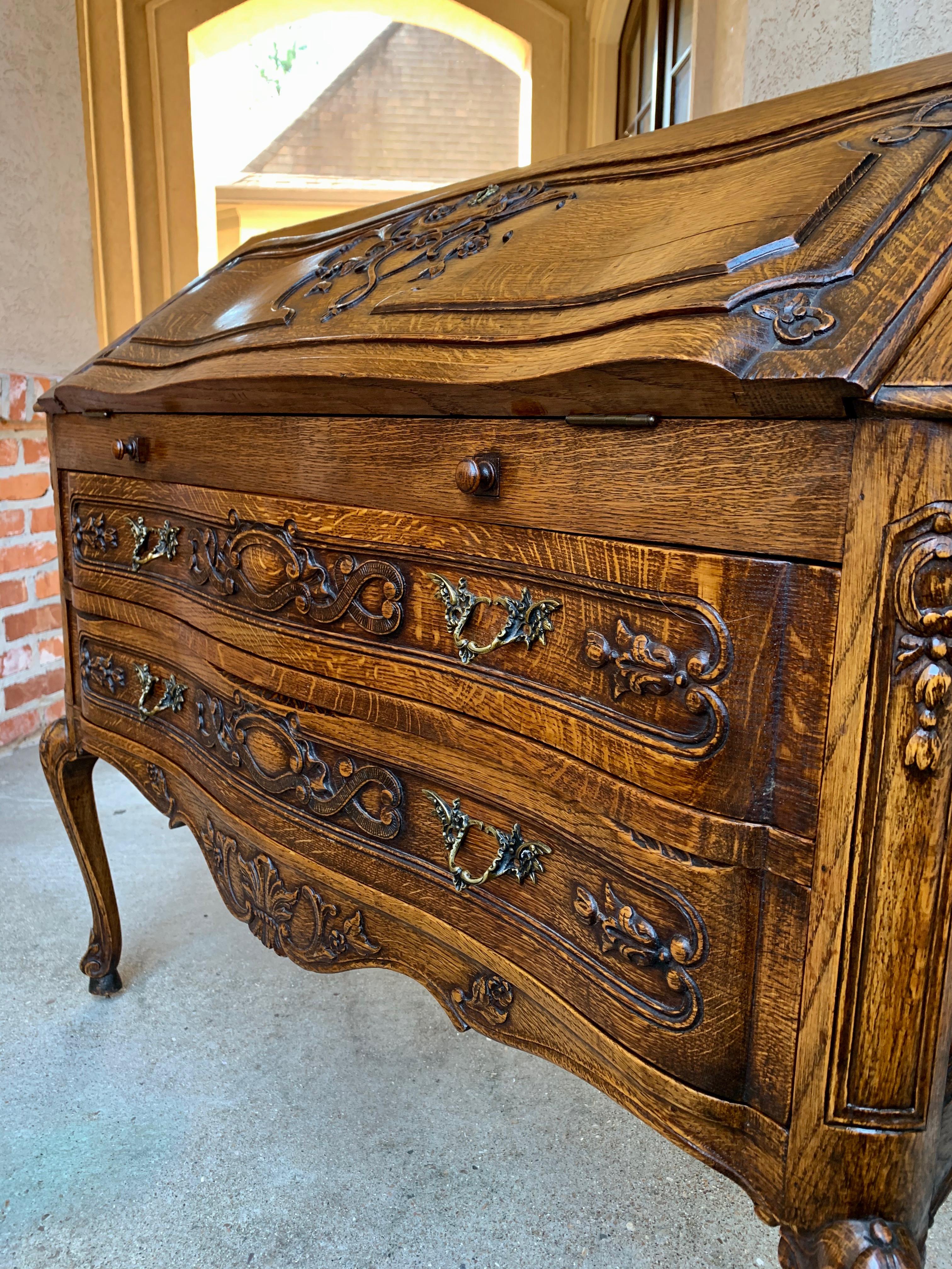 French Carved Tiger Oak Secretary Desk Bureau Drop Front Table Louis XV Style 9