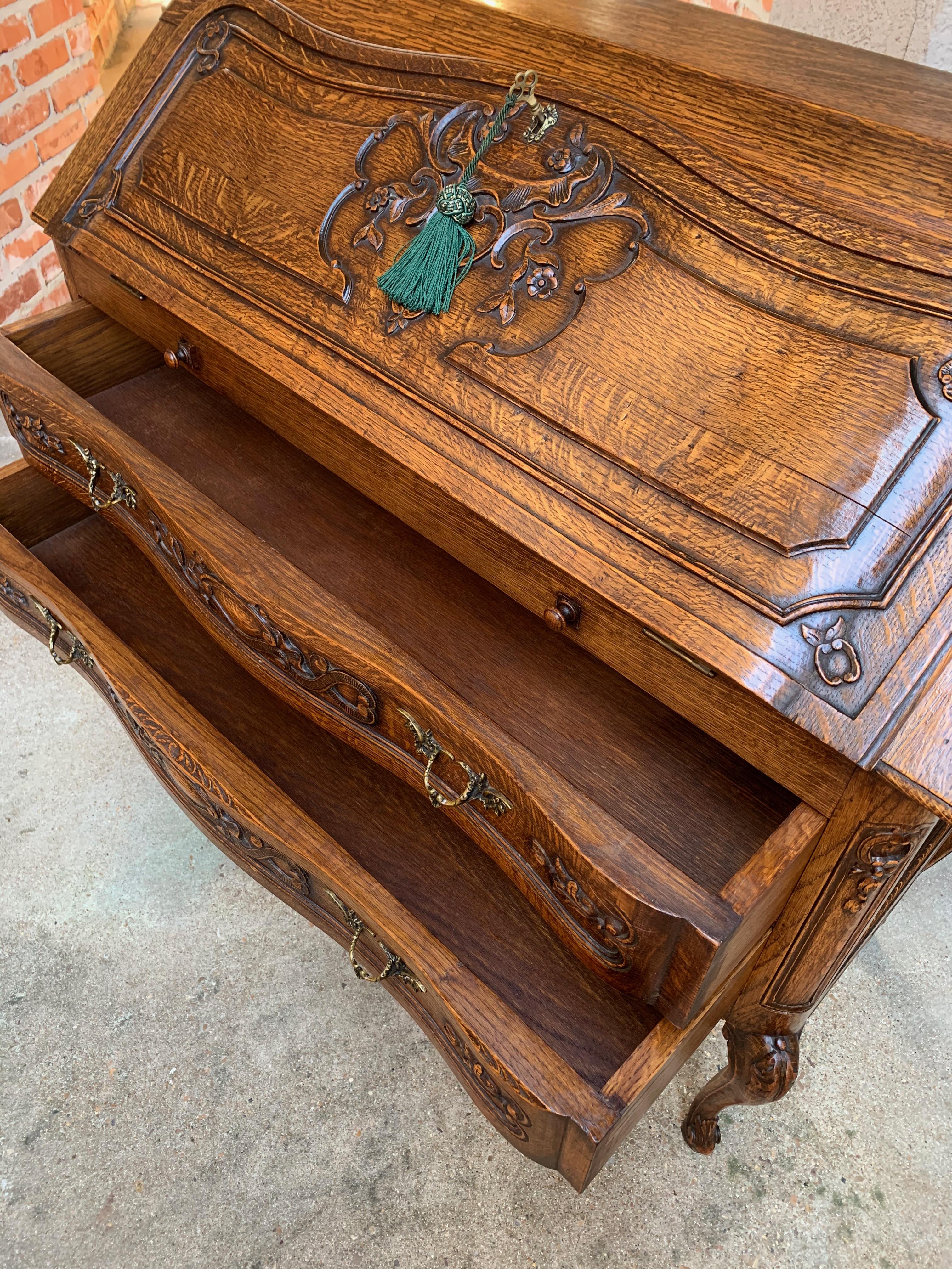 French Carved Tiger Oak Secretary Desk Bureau Drop Front Table Louis XV Style 14