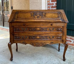French Carved Tiger Oak Secretary Desk Bureau Drop Front Table Louis XV Style