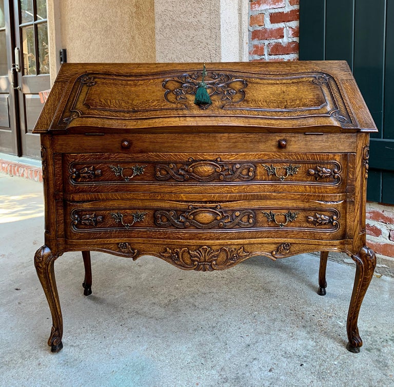 French Carved Tiger Oak Secretary Desk Bureau Drop Front Table