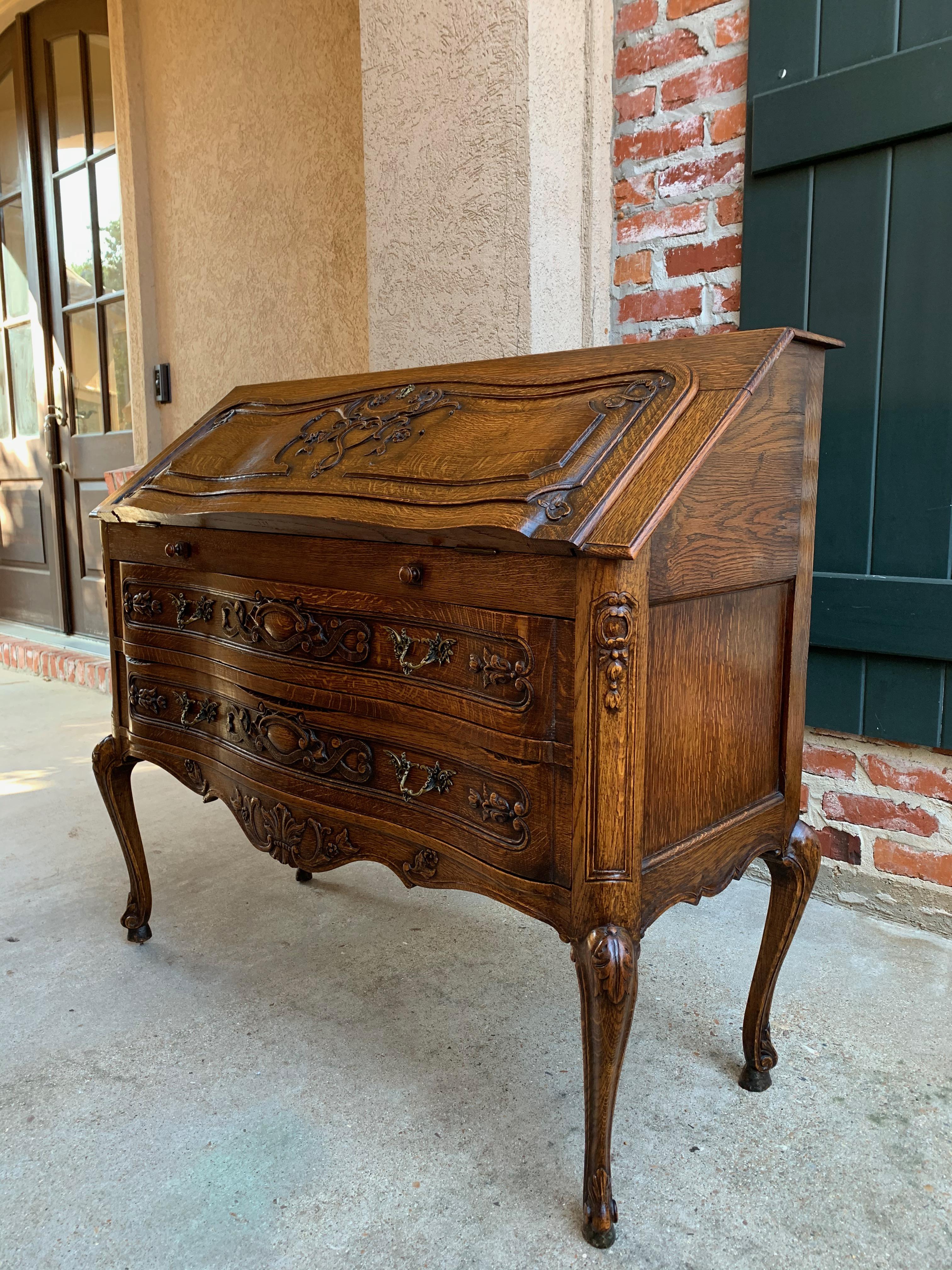 Early 20th Century French Carved Tiger Oak Secretary Desk Bureau Drop Front Table Louis XV Style