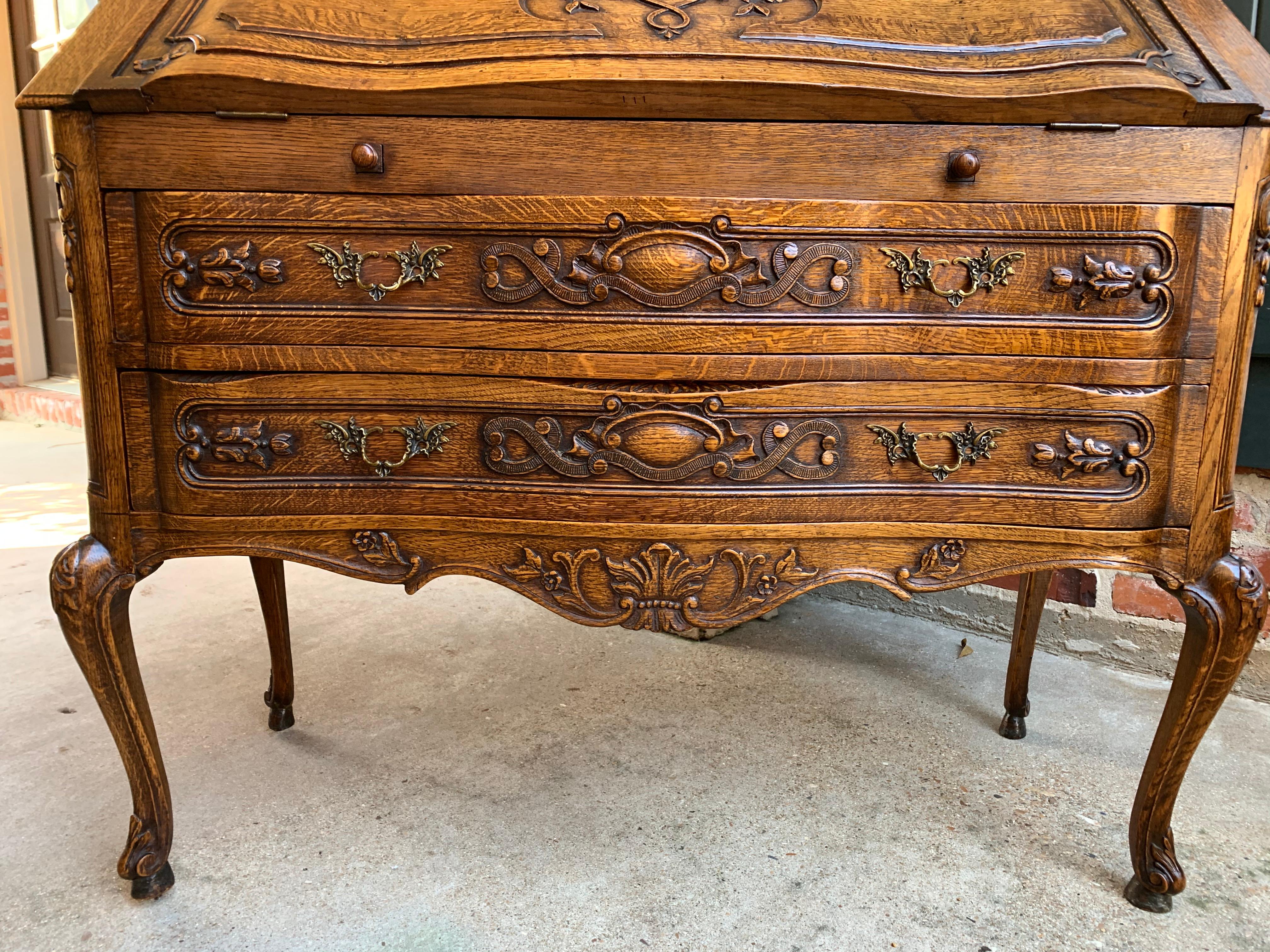 French Carved Tiger Oak Secretary Desk Bureau Drop Front Table Louis XV Style 1