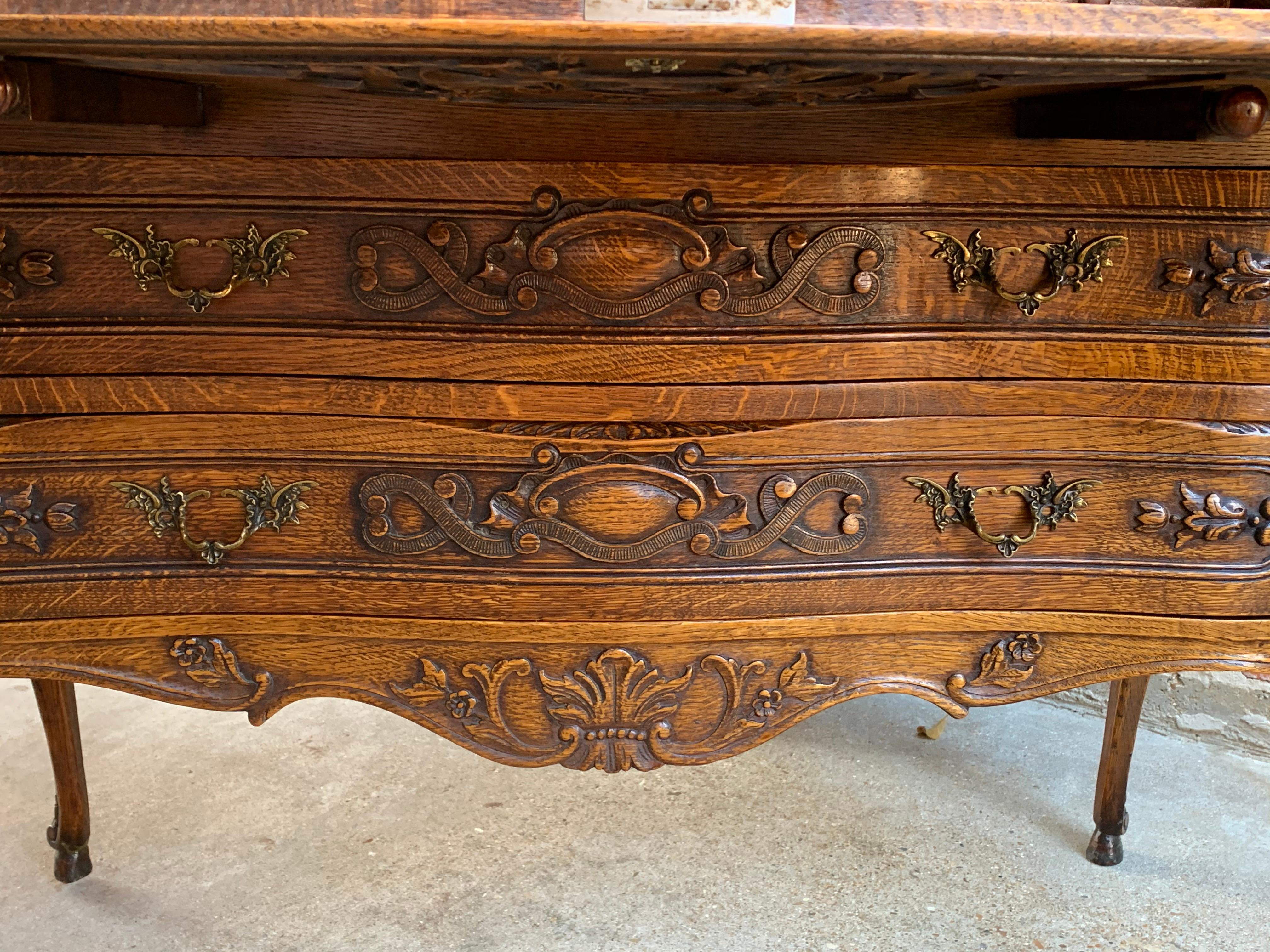 French Carved Tiger Oak Secretary Desk Bureau Drop Front Table Louis XV Style 2