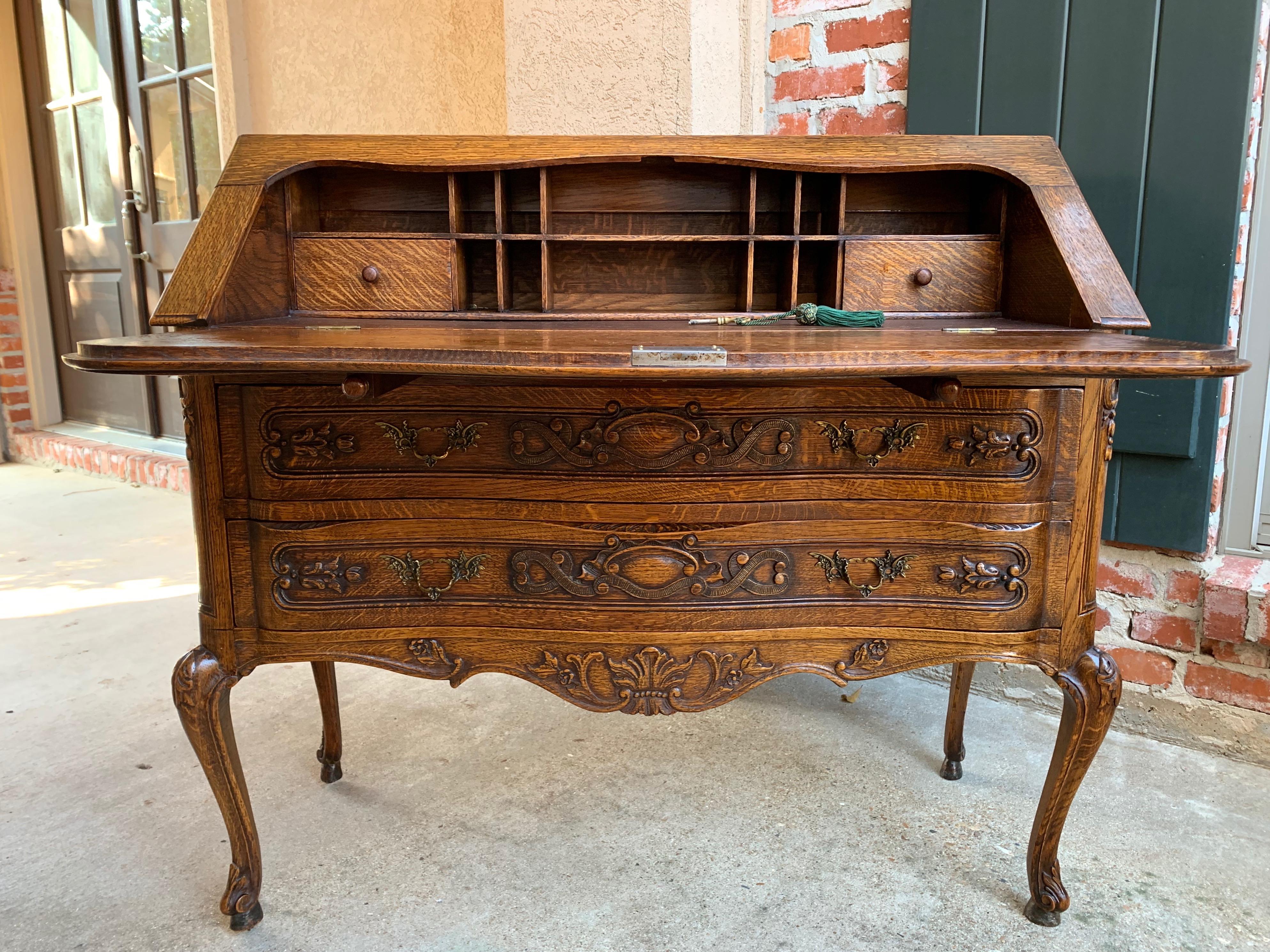 French Carved Tiger Oak Secretary Desk Bureau Drop Front Table Louis XV Style 3