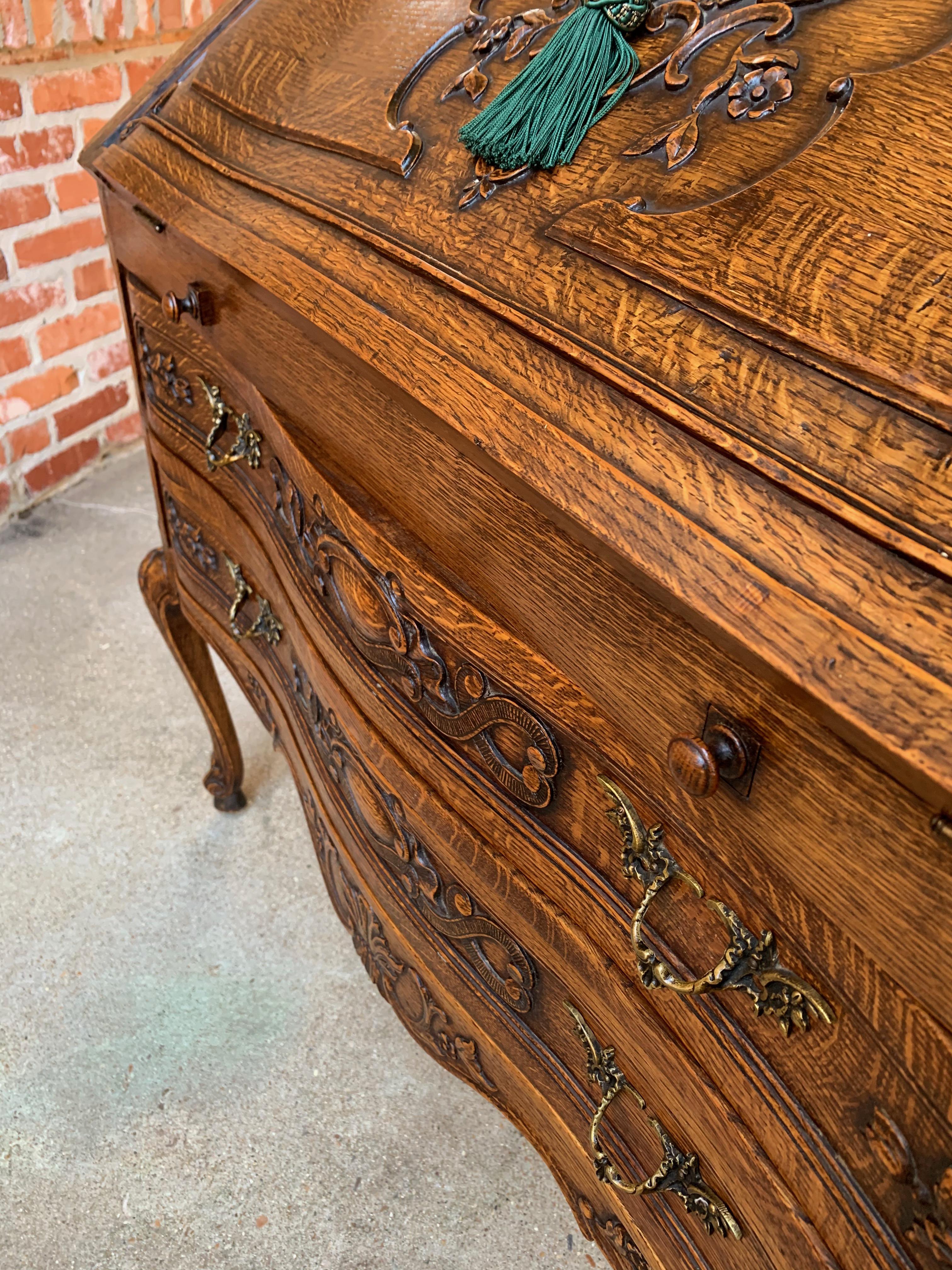 French Carved Tiger Oak Secretary Desk Bureau Drop Front Table Louis XV Style 4