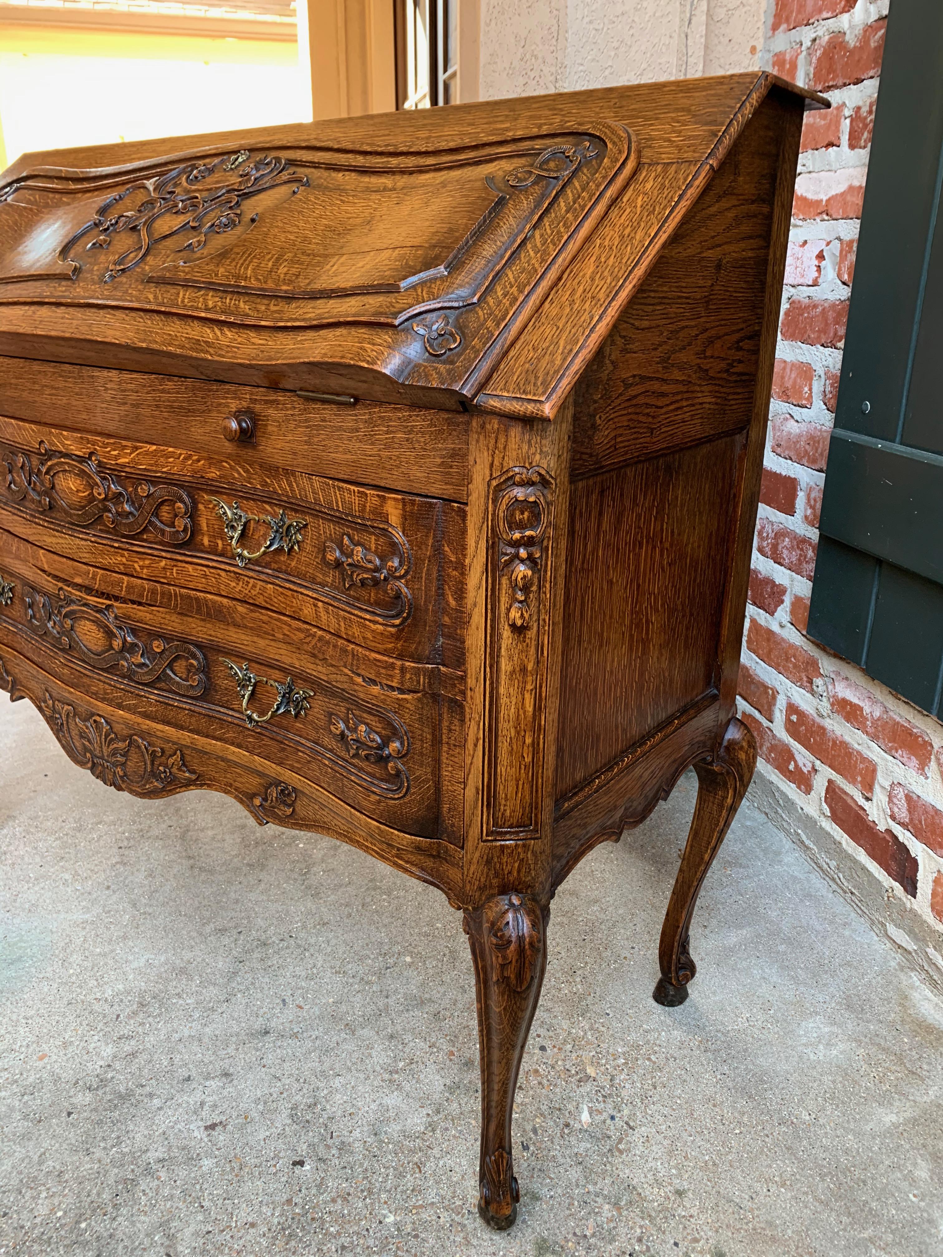 French Carved Tiger Oak Secretary Desk Bureau Drop Front Table Louis XV Style 5