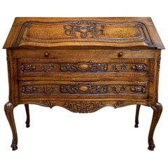 French Carved Tiger Oak Secretary Desk Bureau Drop Front Table Louis XV Style 