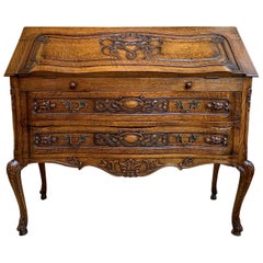 French Carved Tiger Oak Secretary Desk Bureau Drop Front Table Louis XV Style