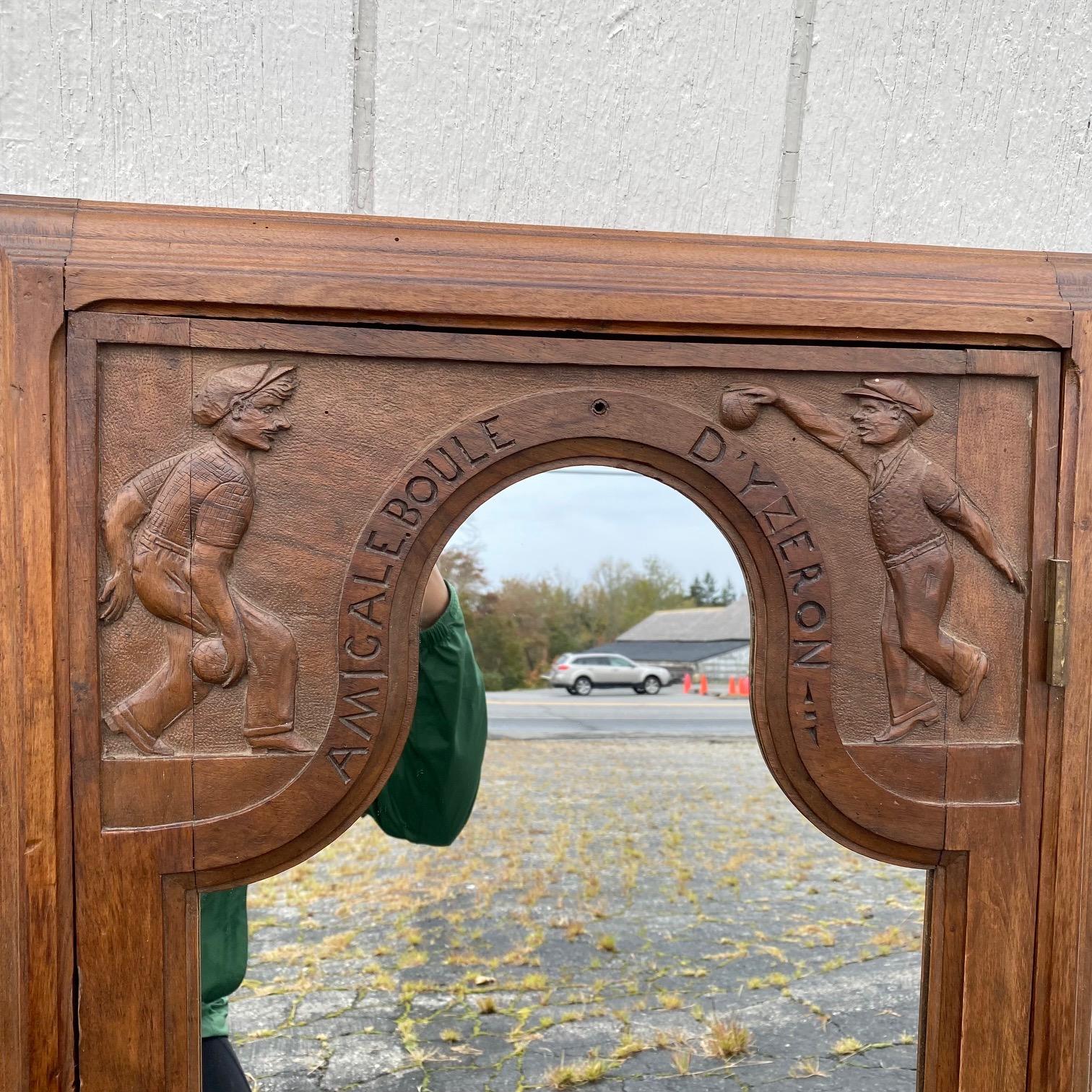 French Carved Wall Mirror Boule Tournament Game Score Board Cabinet In Good Condition For Sale In Hopewell, NJ