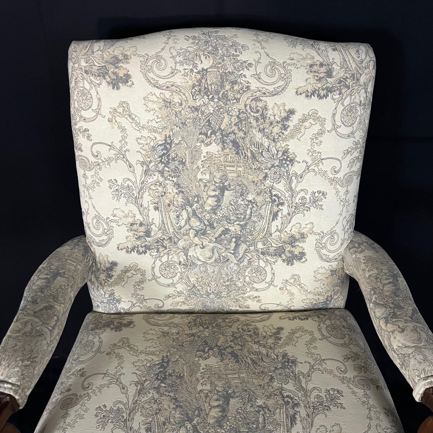 Antique French Louis XV armchair, beautifully carved in walnut, 19th century, Napoleon III period, with lovely new neutral toile upholstery.  #4665