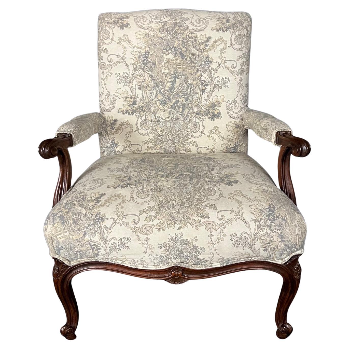 French Carved Walnut 19th Century Louis XV Newly Upholstered Armchair For Sale