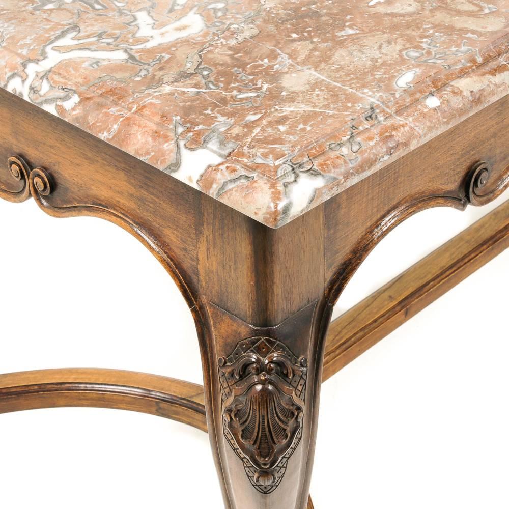 French Carved Walnut and Marble Louis XV-Style Table In Excellent Condition In Vancouver, British Columbia