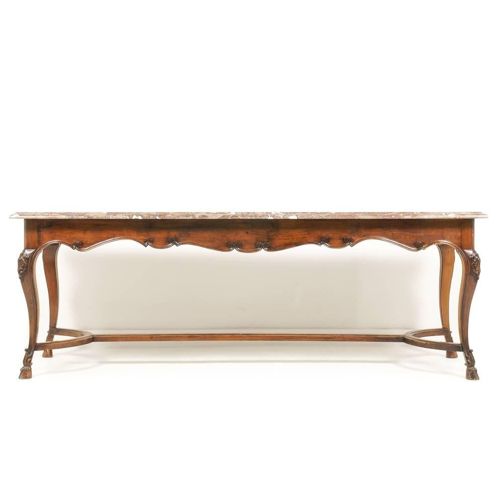 20th Century French Carved Walnut and Marble Louis XV-Style Table