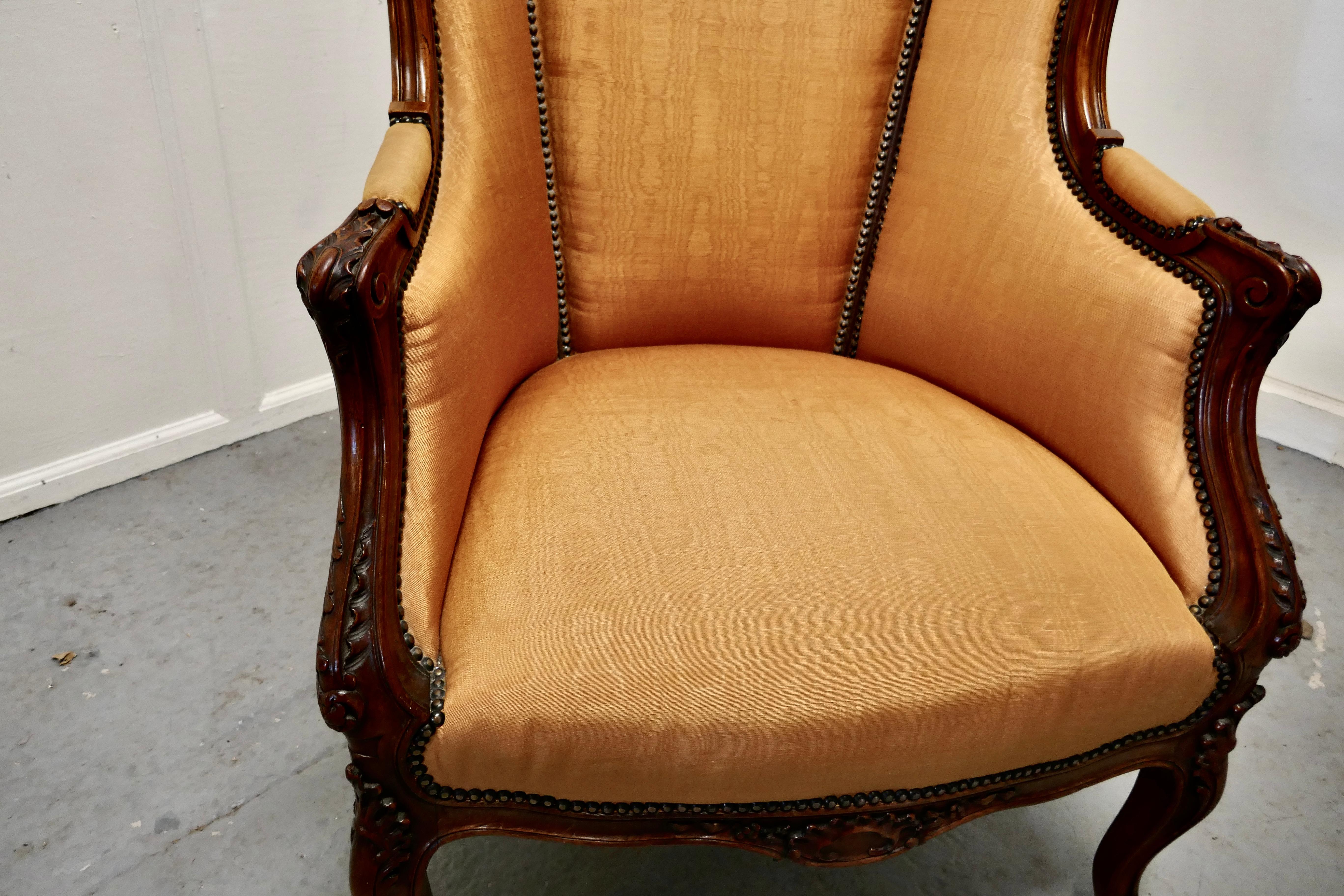 French Provincial French Carved Walnut and Salon Chair, Upholstered in Silk For Sale