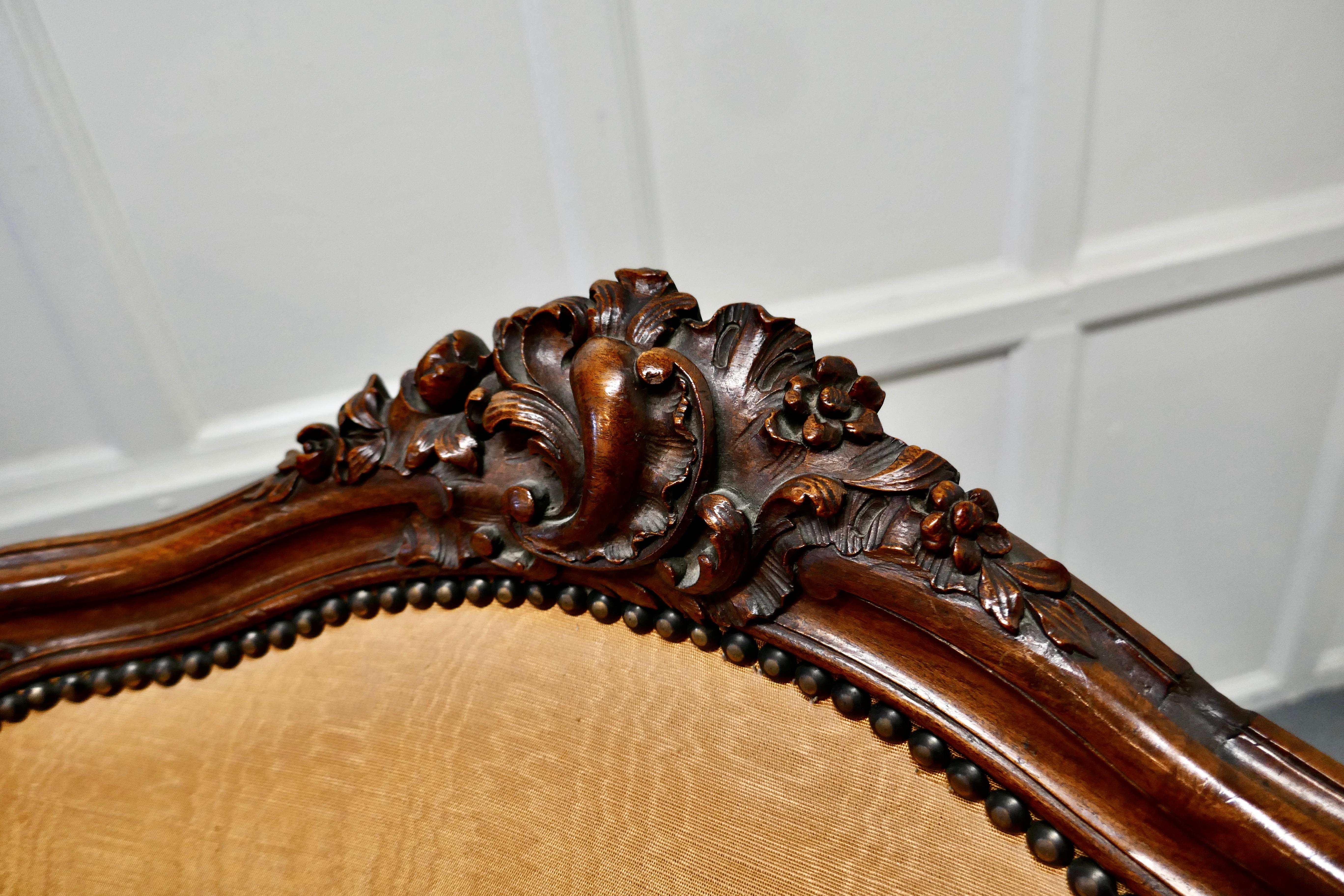 20th Century French Carved Walnut and Salon Chair, Upholstered in Silk For Sale