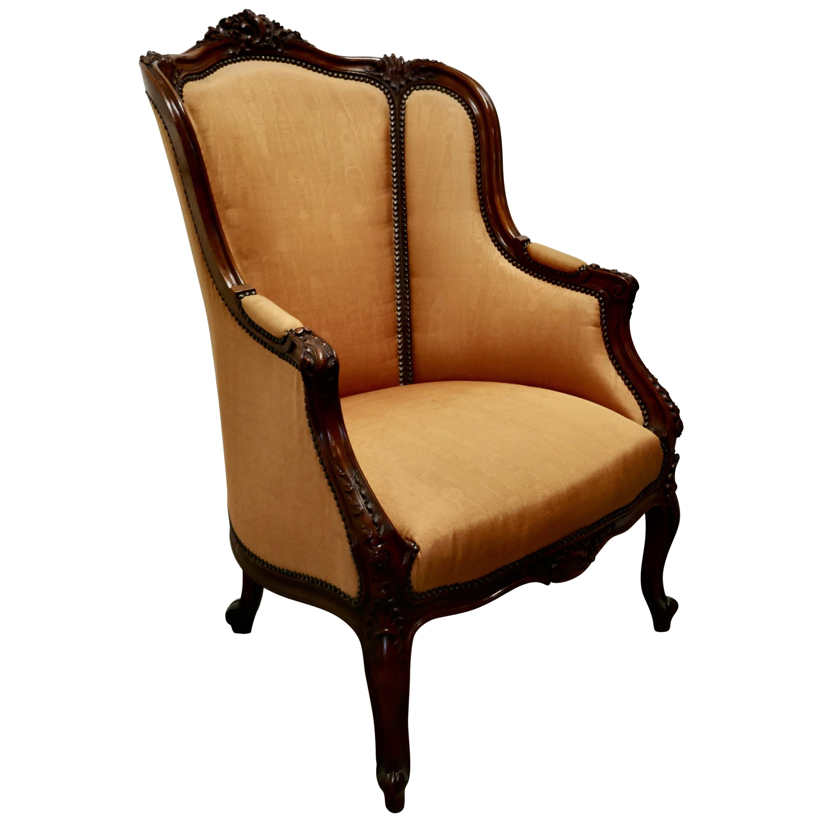 French Carved Walnut and Salon Chair, Upholstered in Silk For Sale
