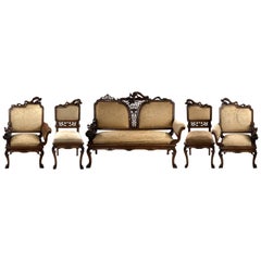 French Carved Walnut and Silk Upholstered Chinoiserie Seating Set