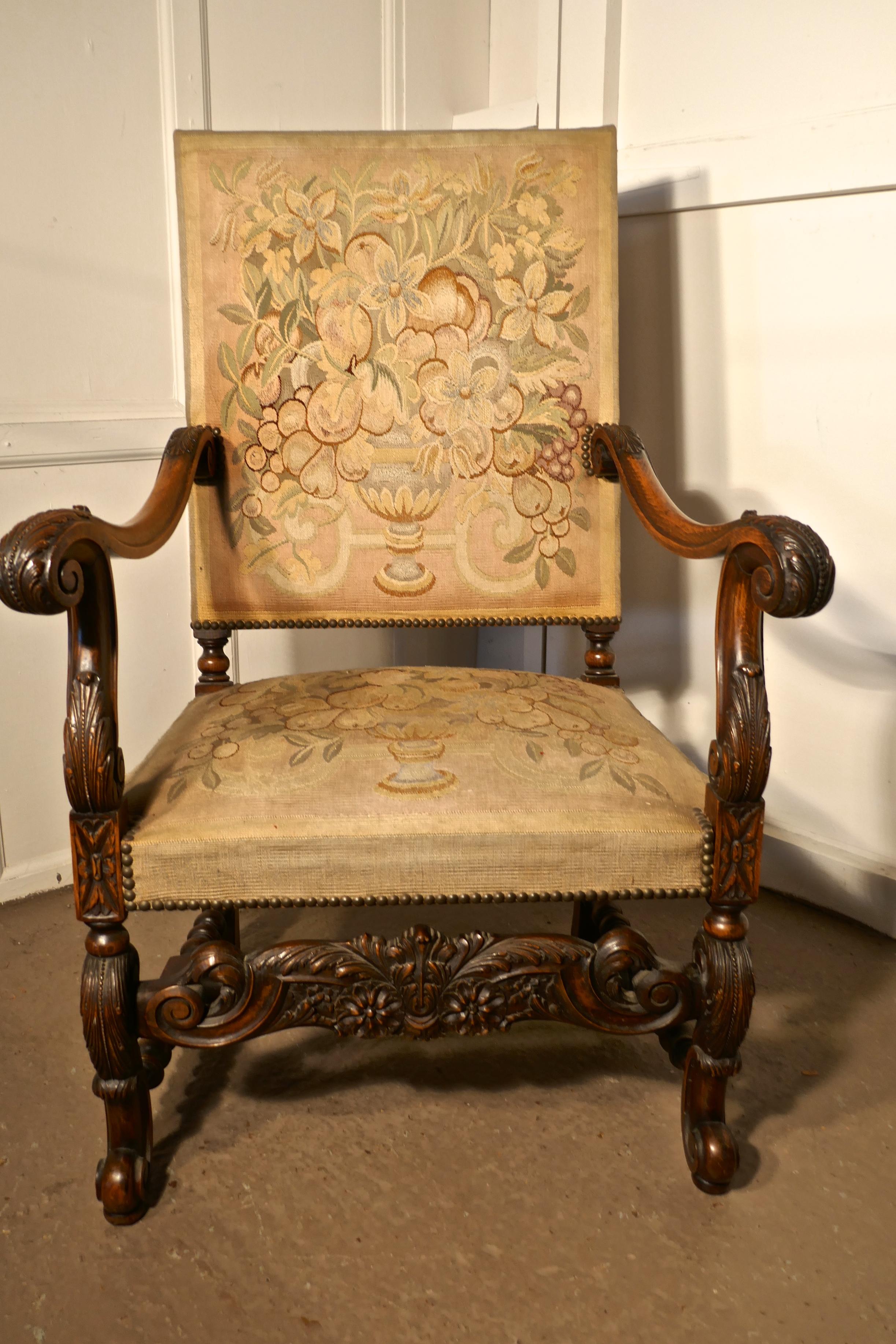 French Carved Walnut and Tapestry Library Chair 1