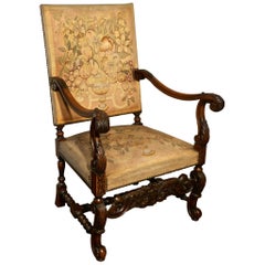 French Carved Walnut and Tapestry Library Chair