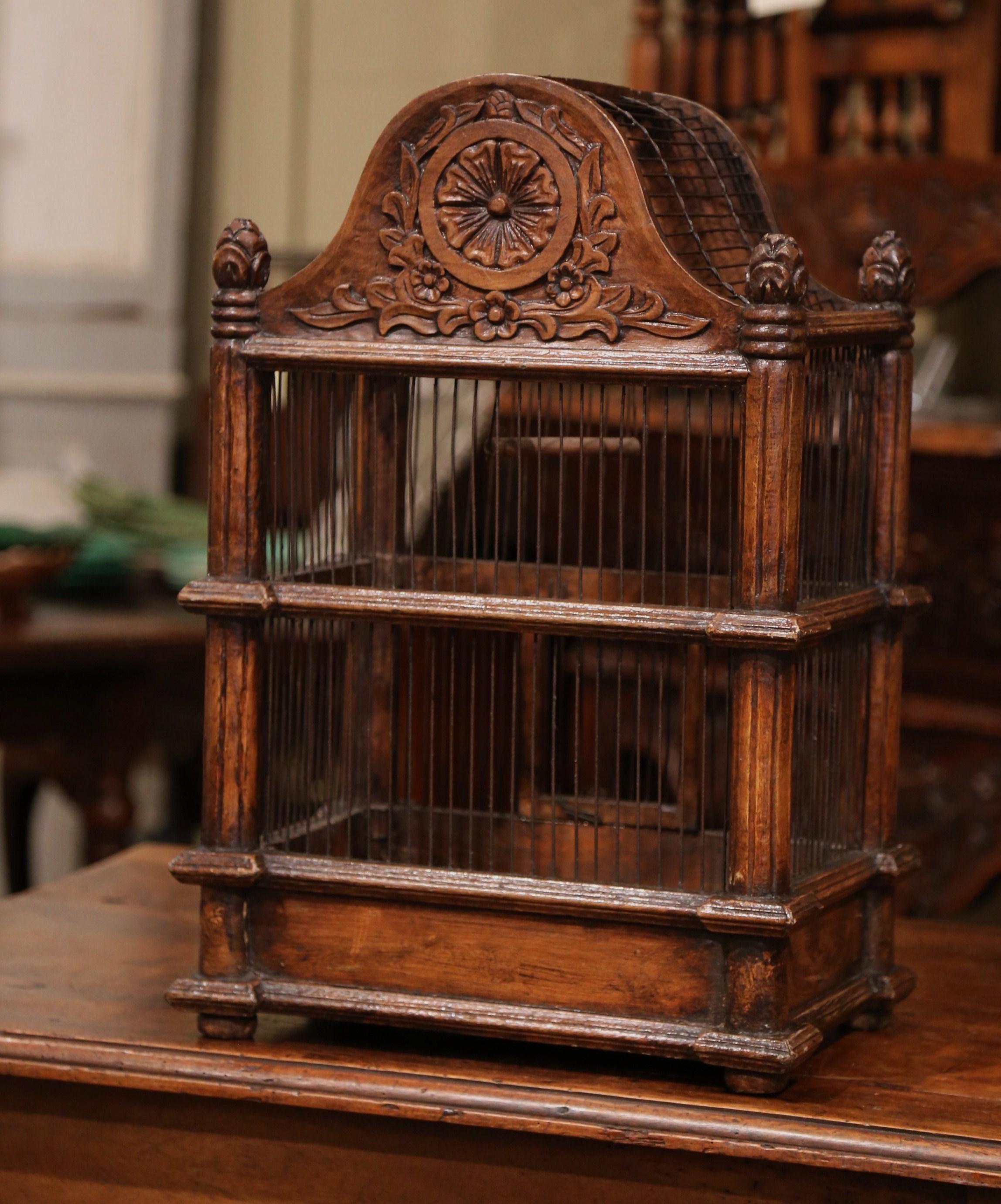 French Carved Walnut and Wire Birdcage with Arched Top 5