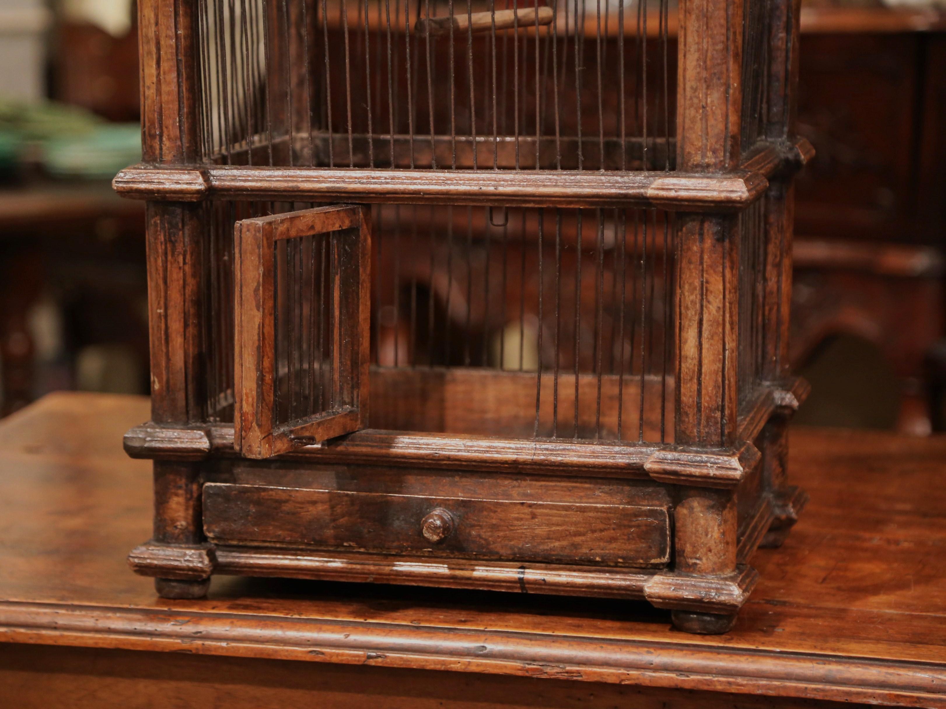 Hand-Crafted French Carved Walnut and Wire Birdcage with Arched Top