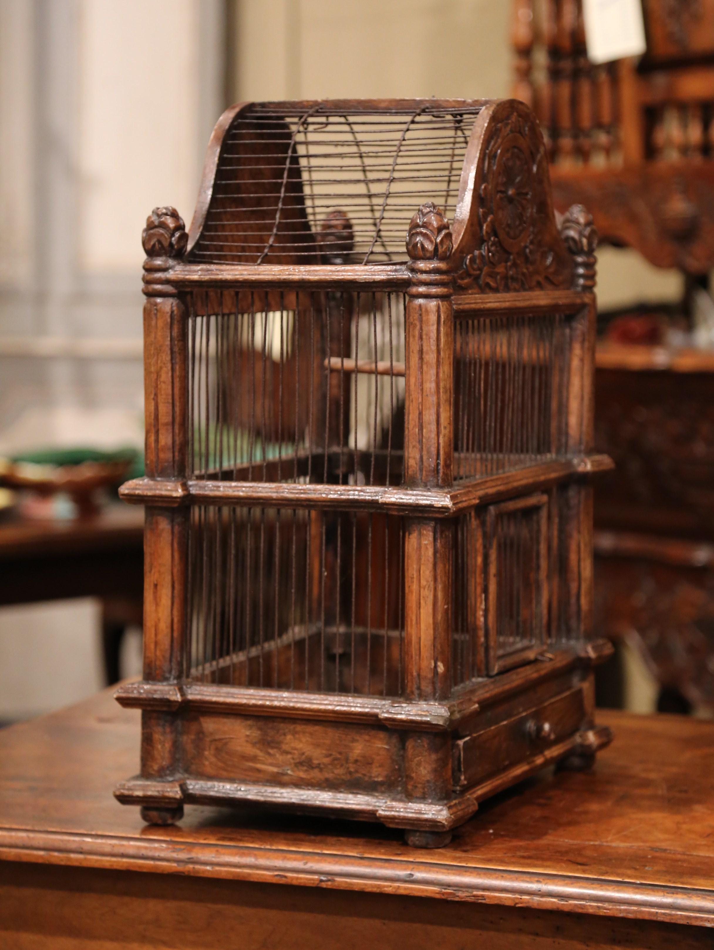French Carved Walnut and Wire Birdcage with Arched Top In Excellent Condition In Dallas, TX