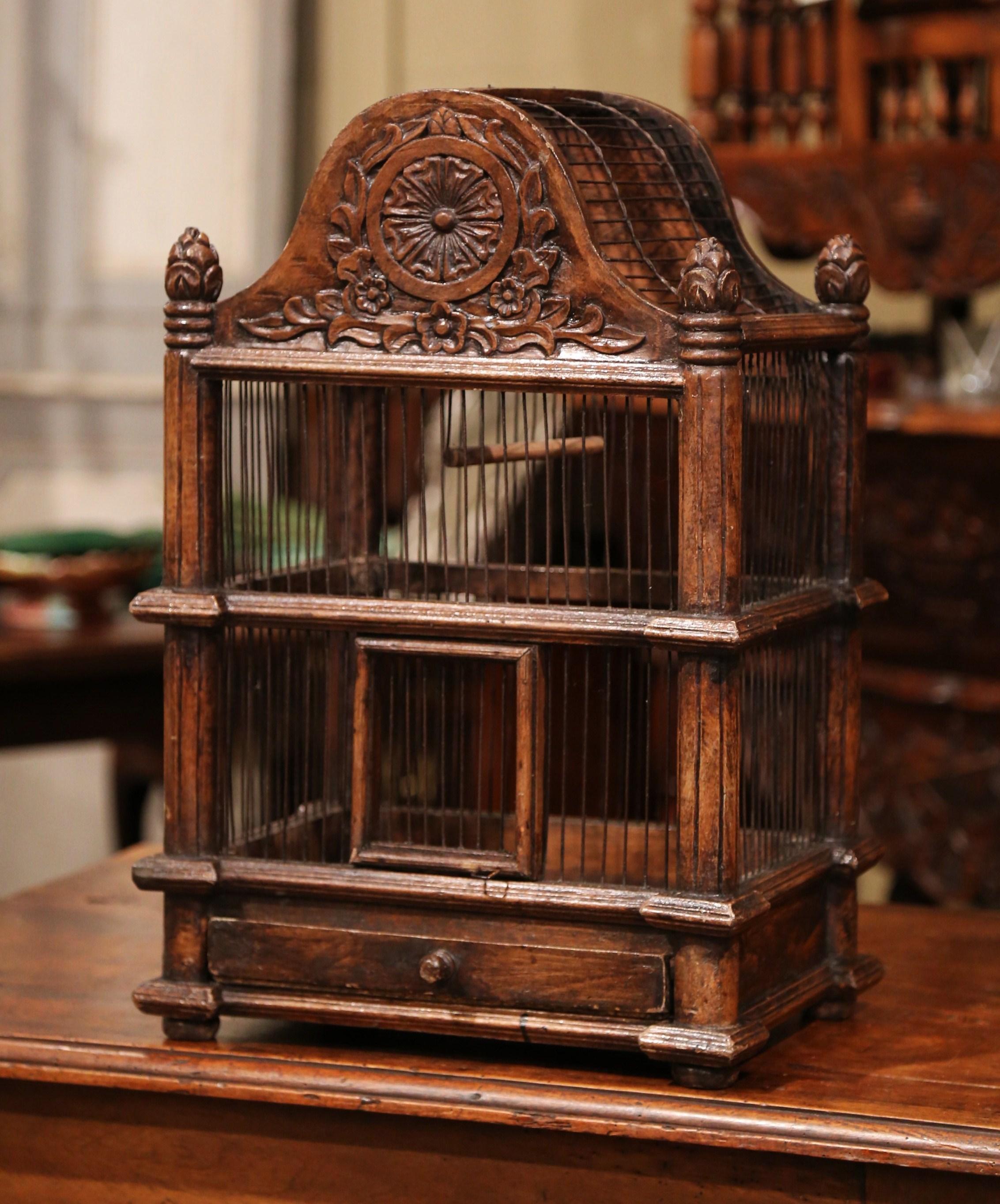Contemporary French Carved Walnut and Wire Birdcage with Arched Top