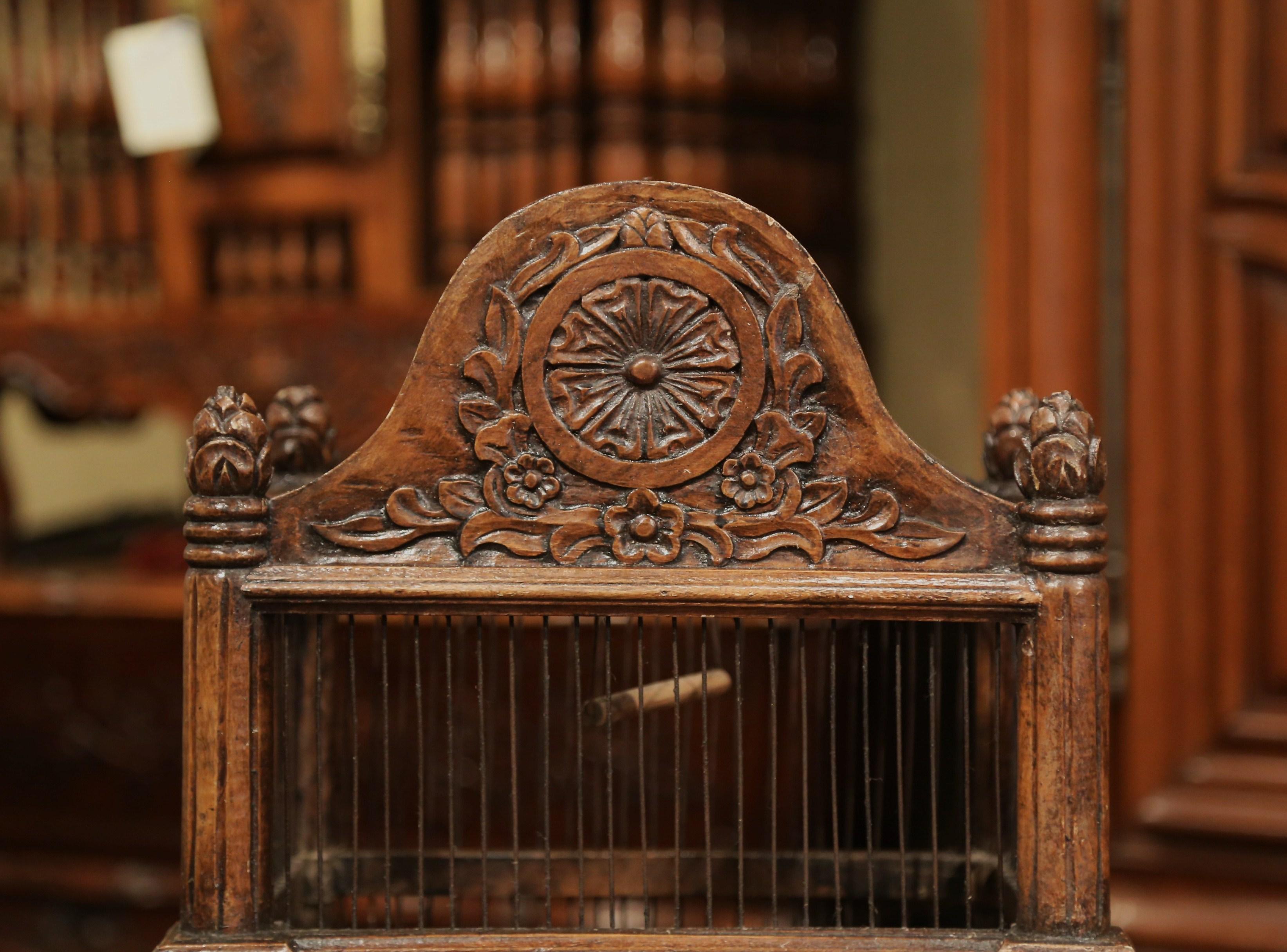 French Carved Walnut and Wire Birdcage with Arched Top 1