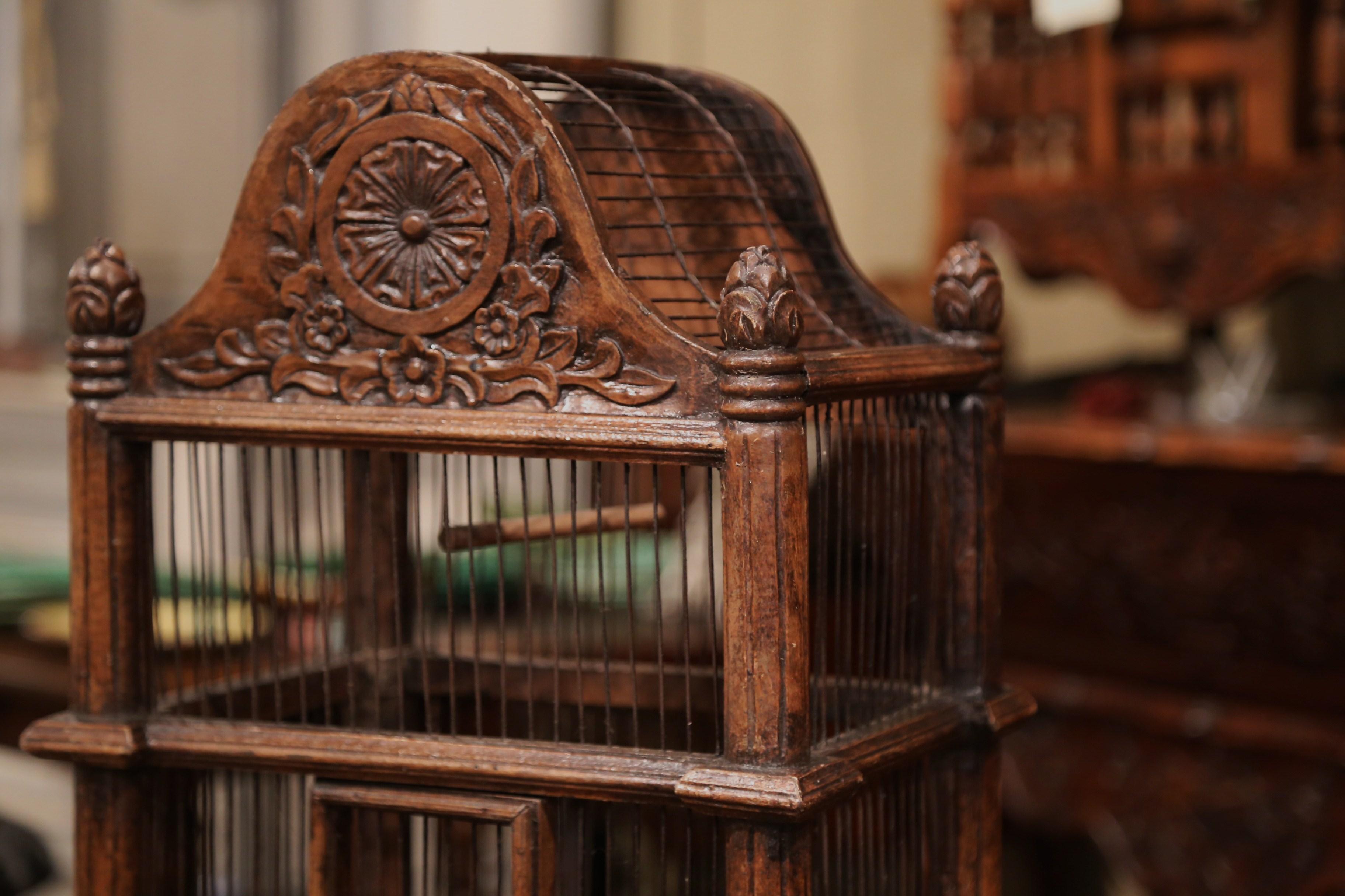 French Carved Walnut and Wire Birdcage with Arched Top 3