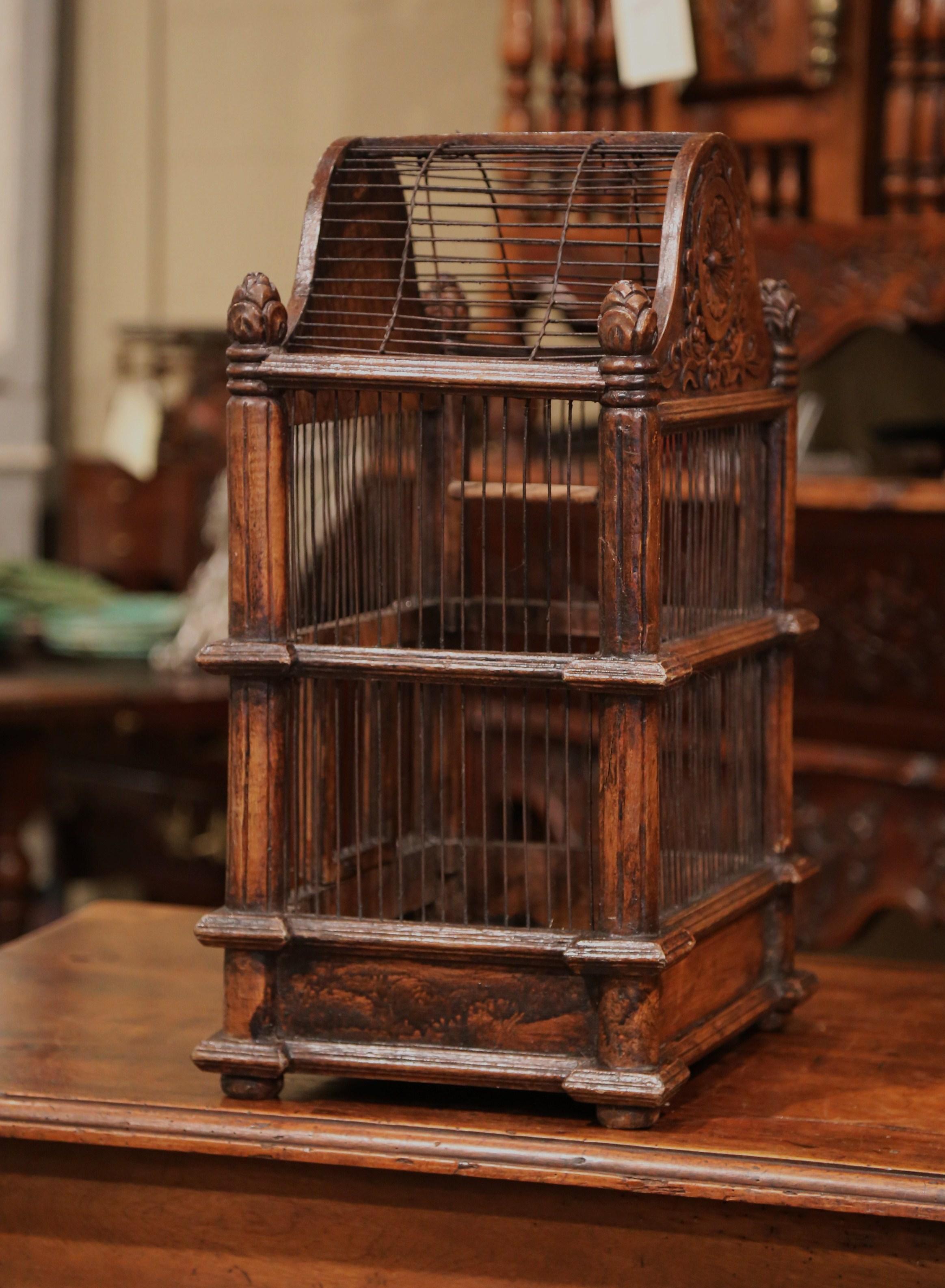 French Carved Walnut and Wire Birdcage with Arched Top 4