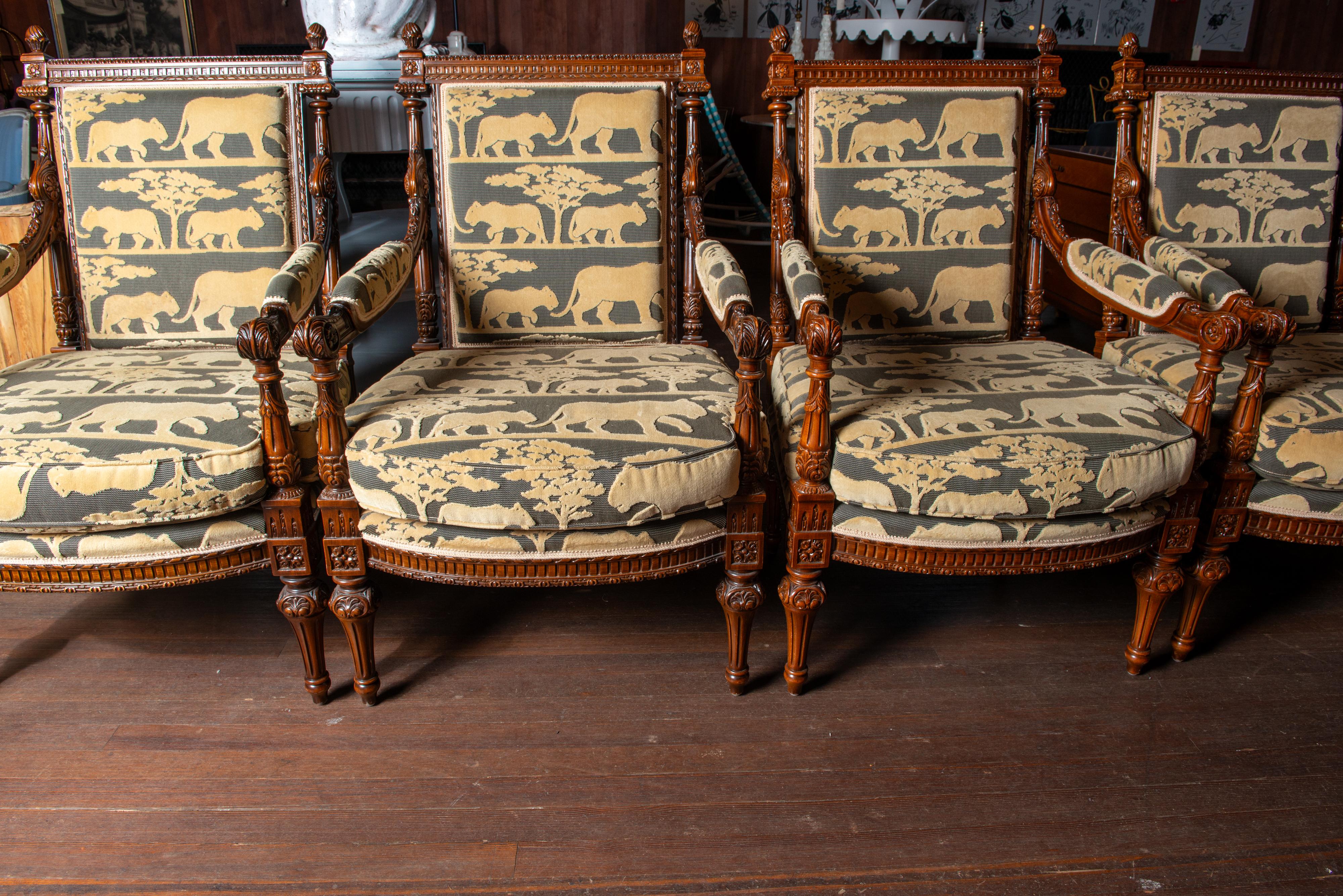 French Carved Walnut Arm Chairs, Velvet Animal Fabric For Sale 8