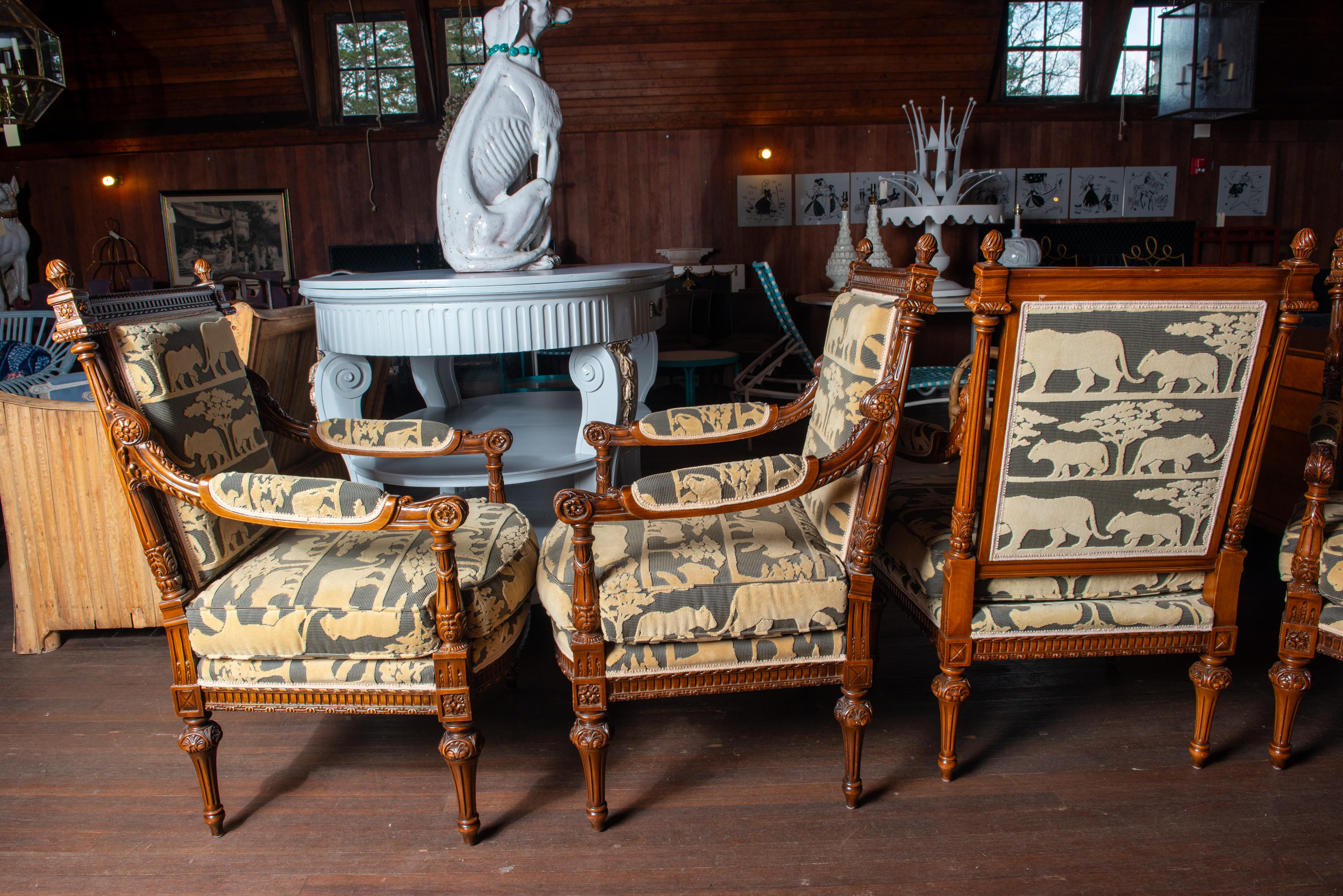 French Carved Walnut Arm Chairs, Velvet Animal Fabric For Sale 9