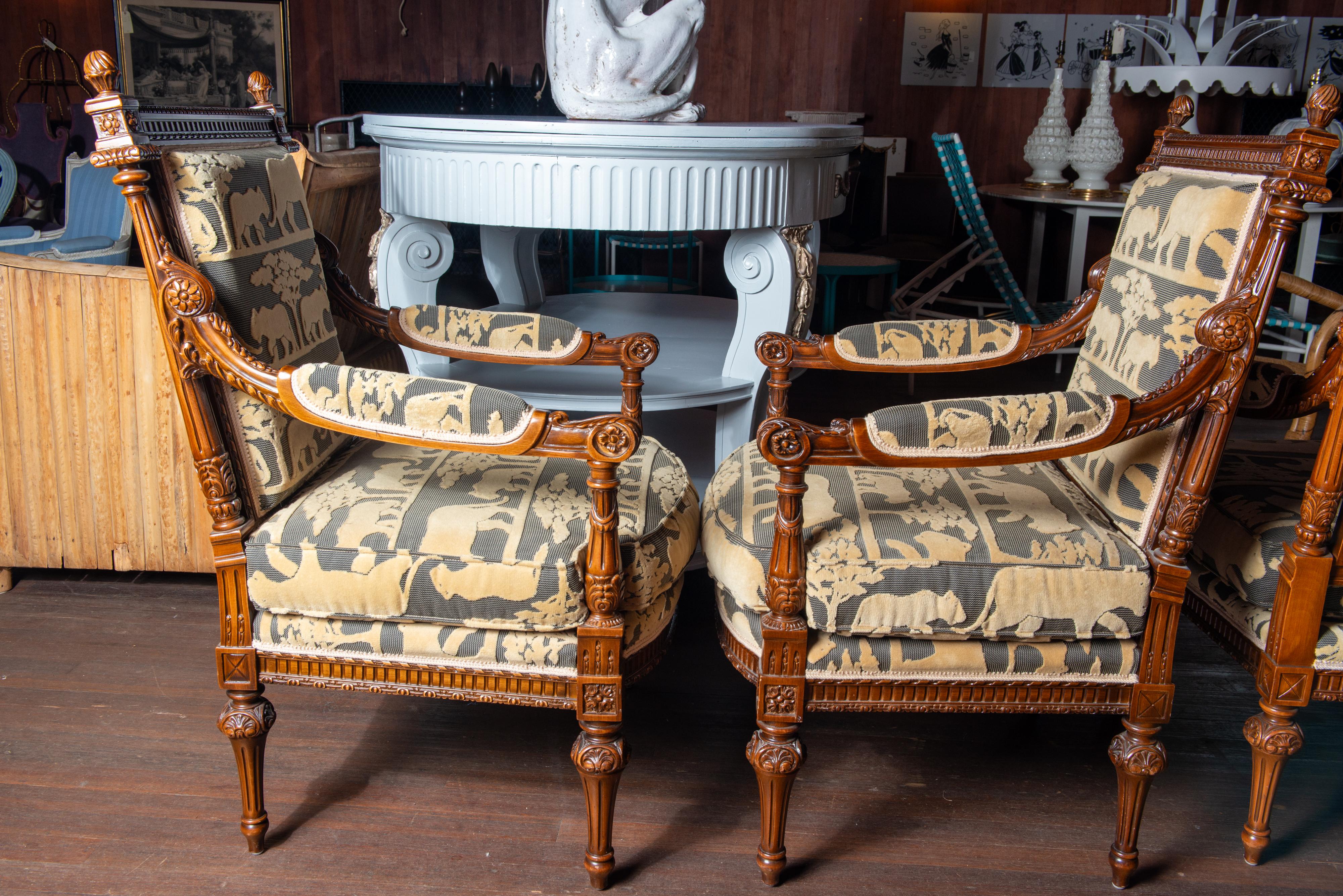 French Carved Walnut Arm Chairs, Velvet Animal Fabric For Sale 10