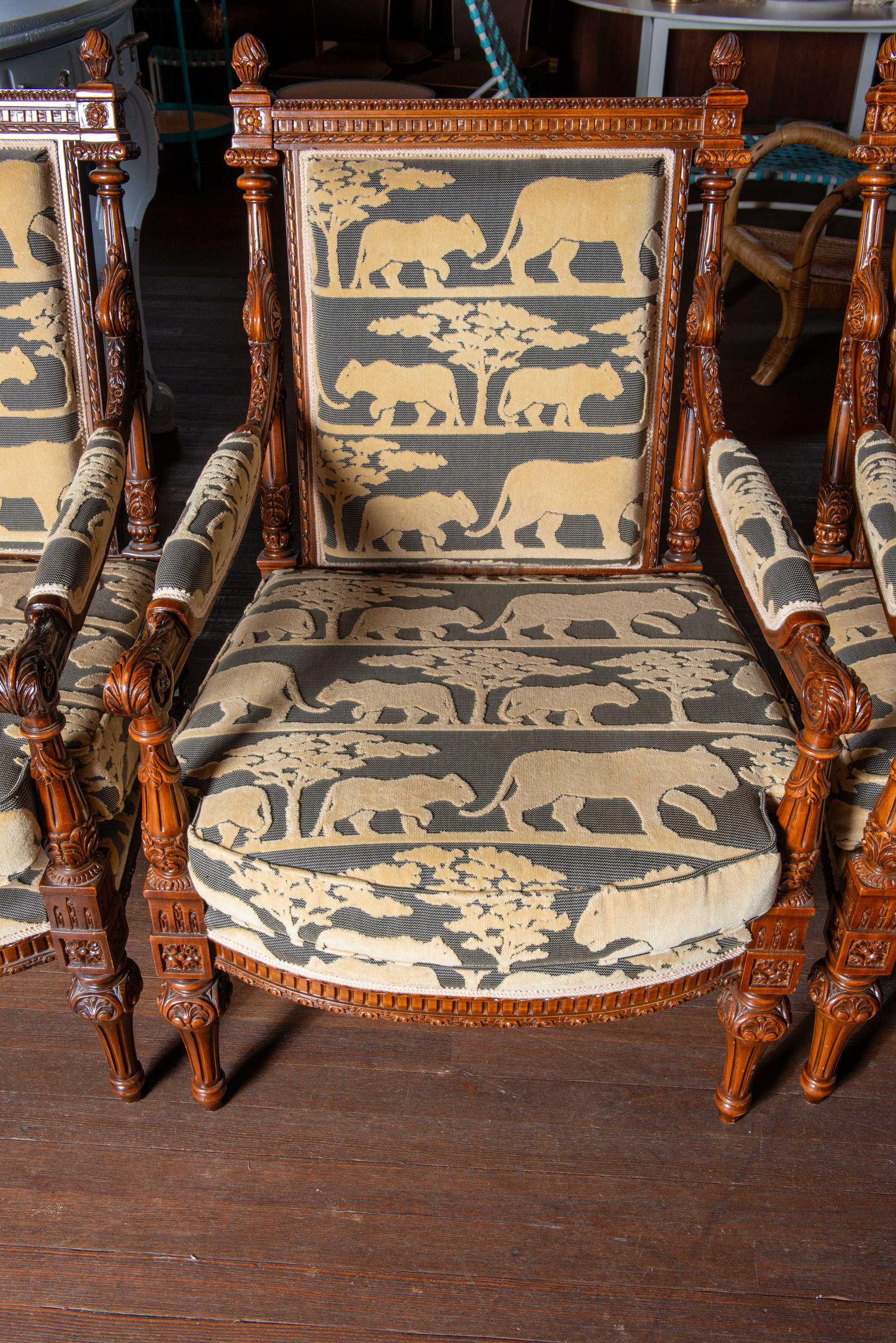 French Carved Walnut Arm Chairs, Velvet Animal Fabric For Sale 15