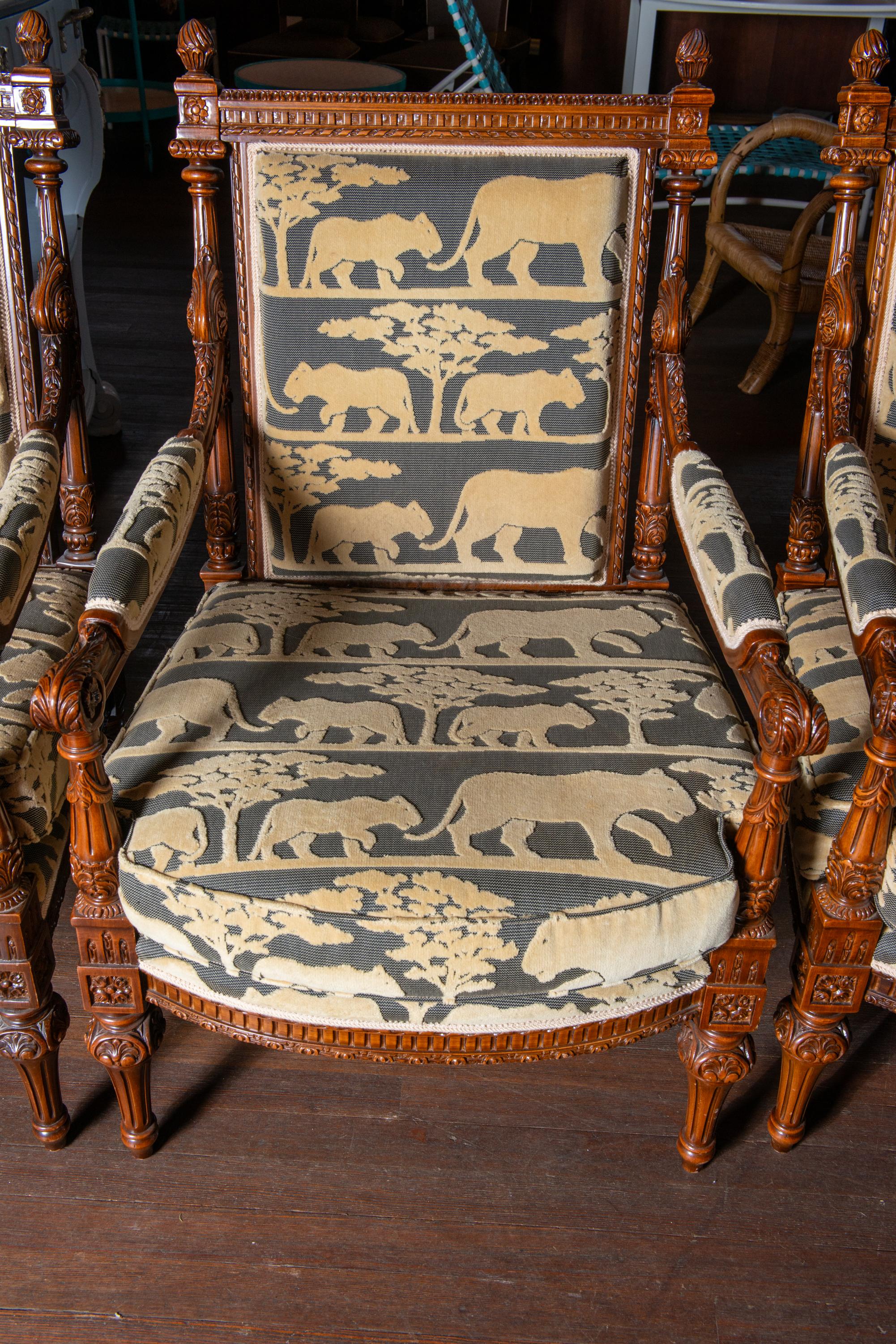 French Carved Walnut Arm Chairs, Velvet Animal Fabric For Sale 16