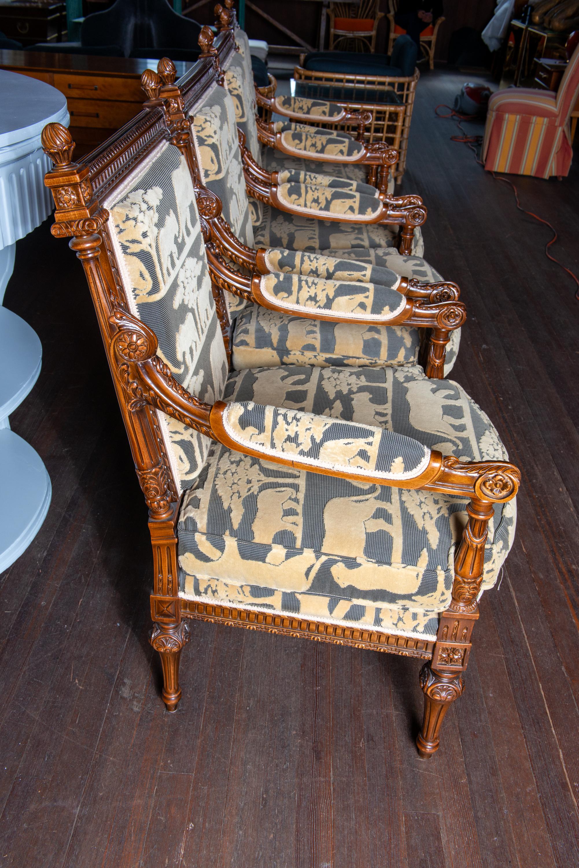 French Carved Walnut Arm Chairs, Velvet Animal Fabric In Good Condition For Sale In Stamford, CT