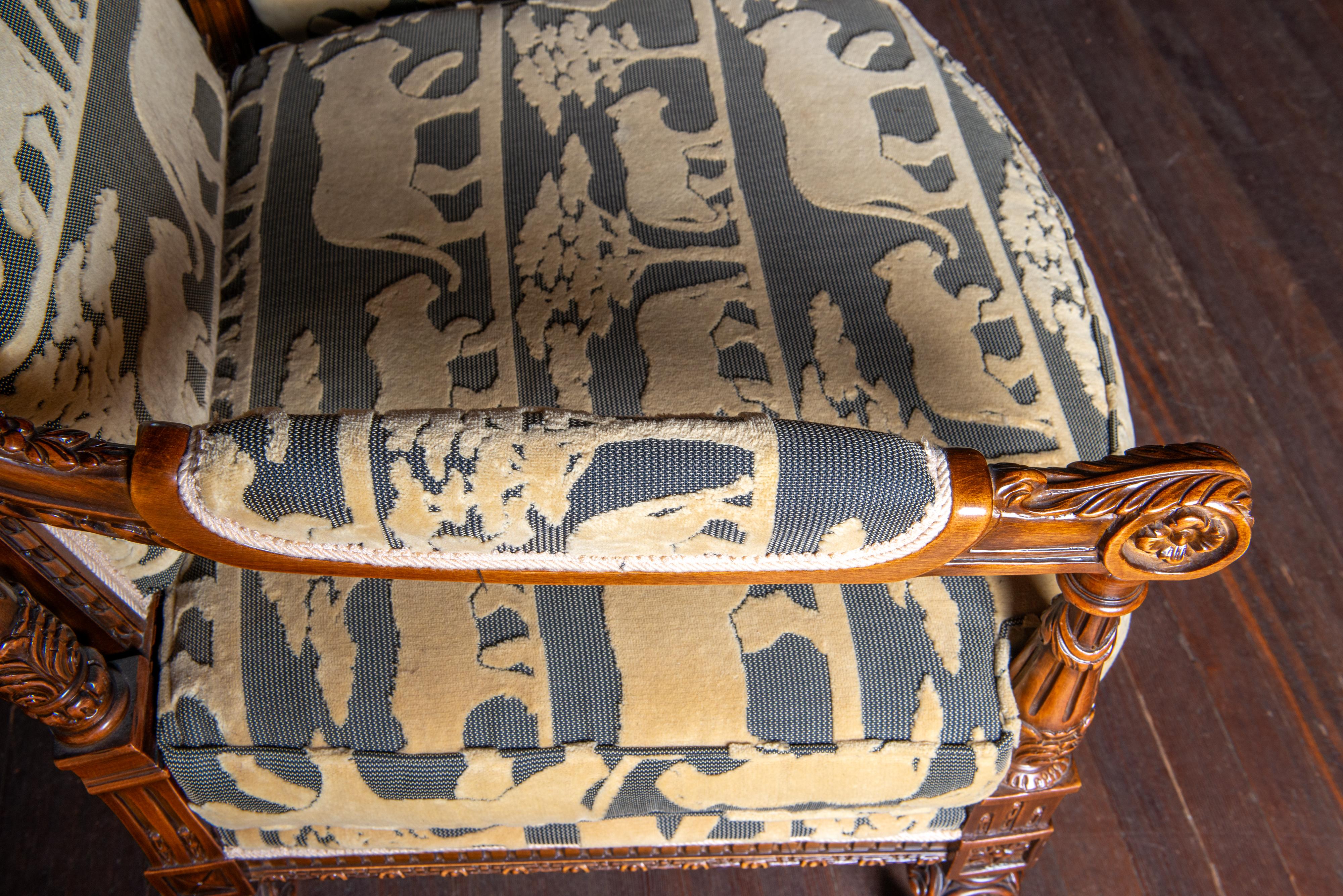 19th Century French Carved Walnut Arm Chairs, Velvet Animal Fabric For Sale