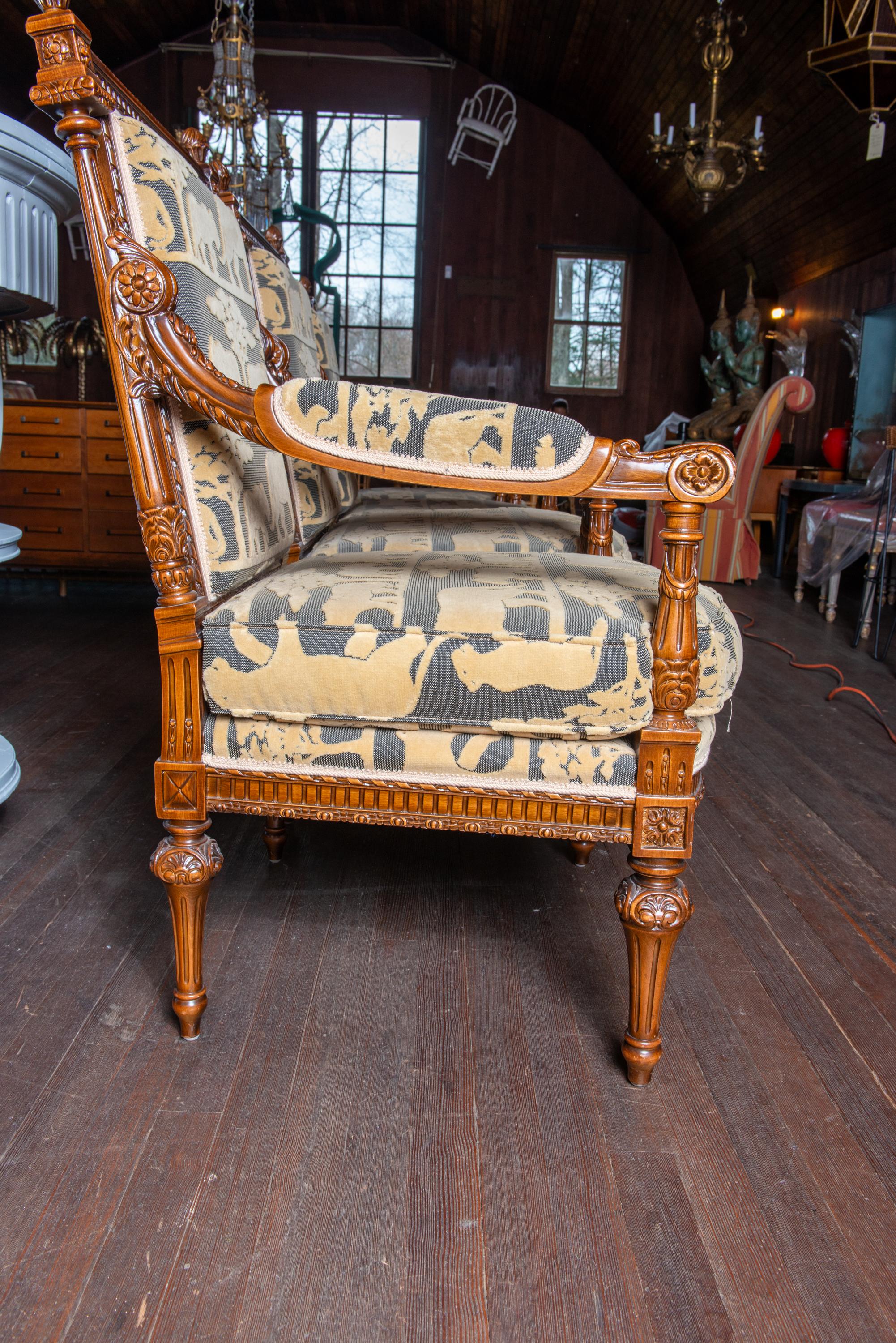 French Carved Walnut Arm Chairs, Velvet Animal Fabric For Sale 1