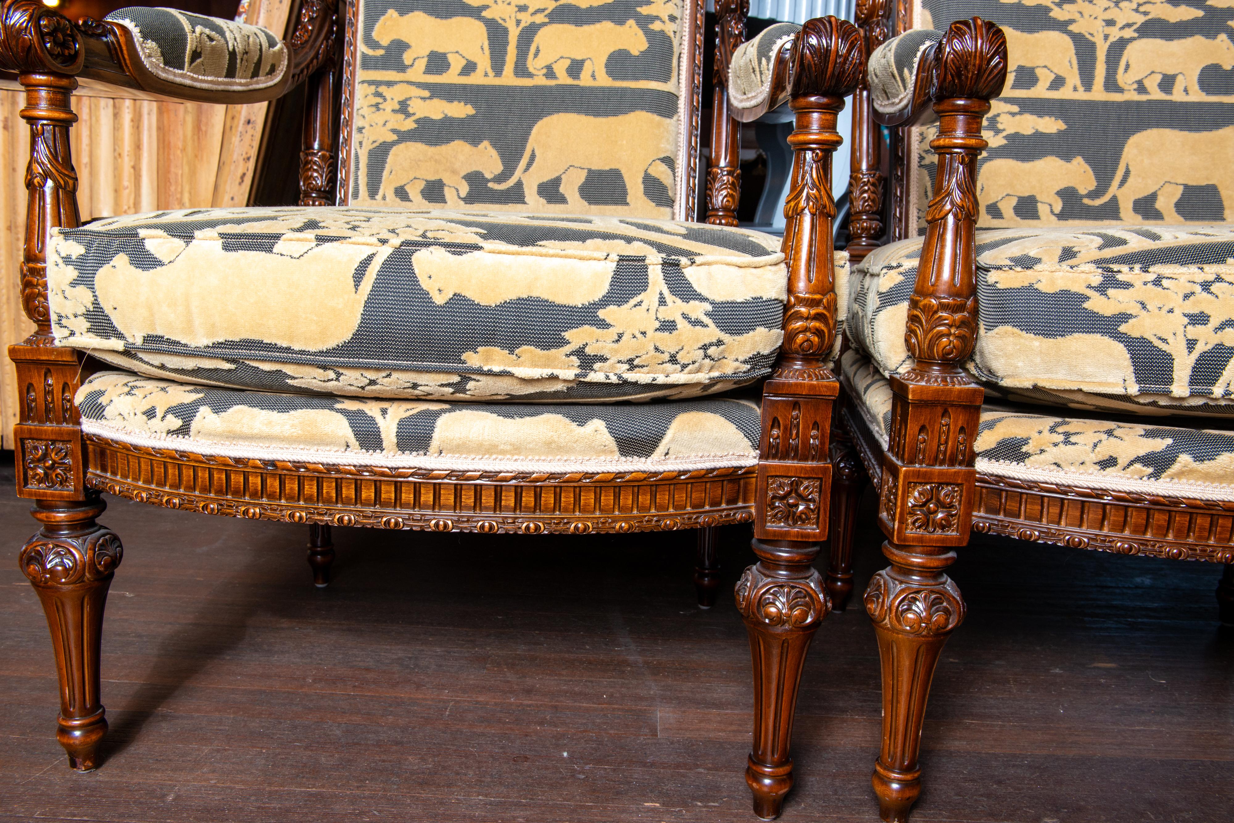 French Carved Walnut Arm Chairs, Velvet Animal Fabric For Sale 3