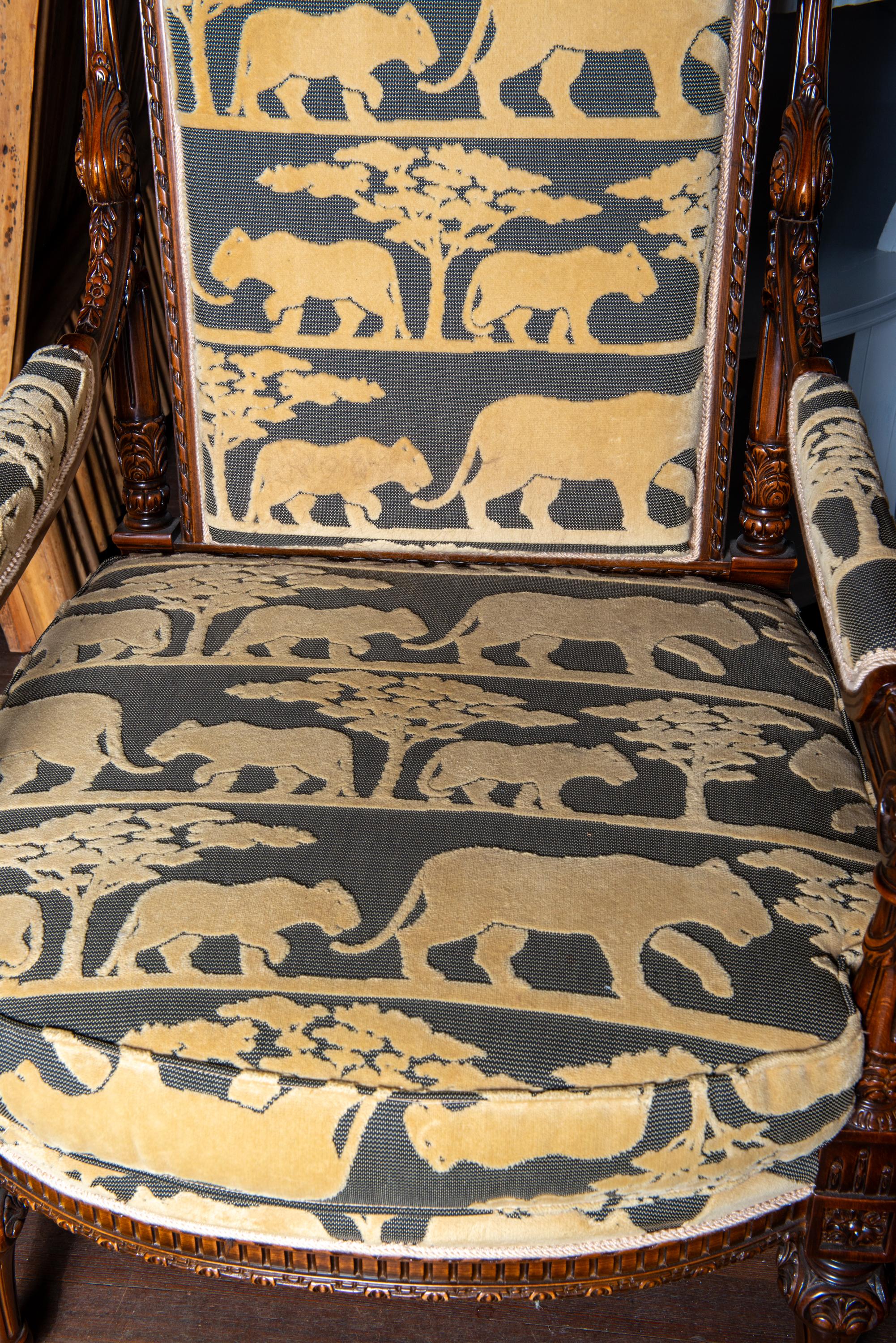 French Carved Walnut Arm Chairs, Velvet Animal Fabric For Sale 4
