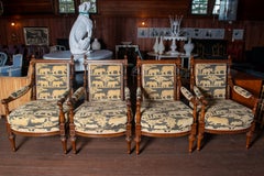 French Carved Walnut Arm Chairs, Velvet Animal Fabric