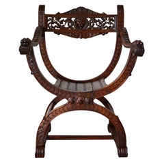 French Carved Walnut Armchair with Lion Heads, Renaissance Revival, 1880s
