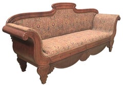 French Carved Walnut Bench, Sofa, Daybed Upholstered in Original Damask