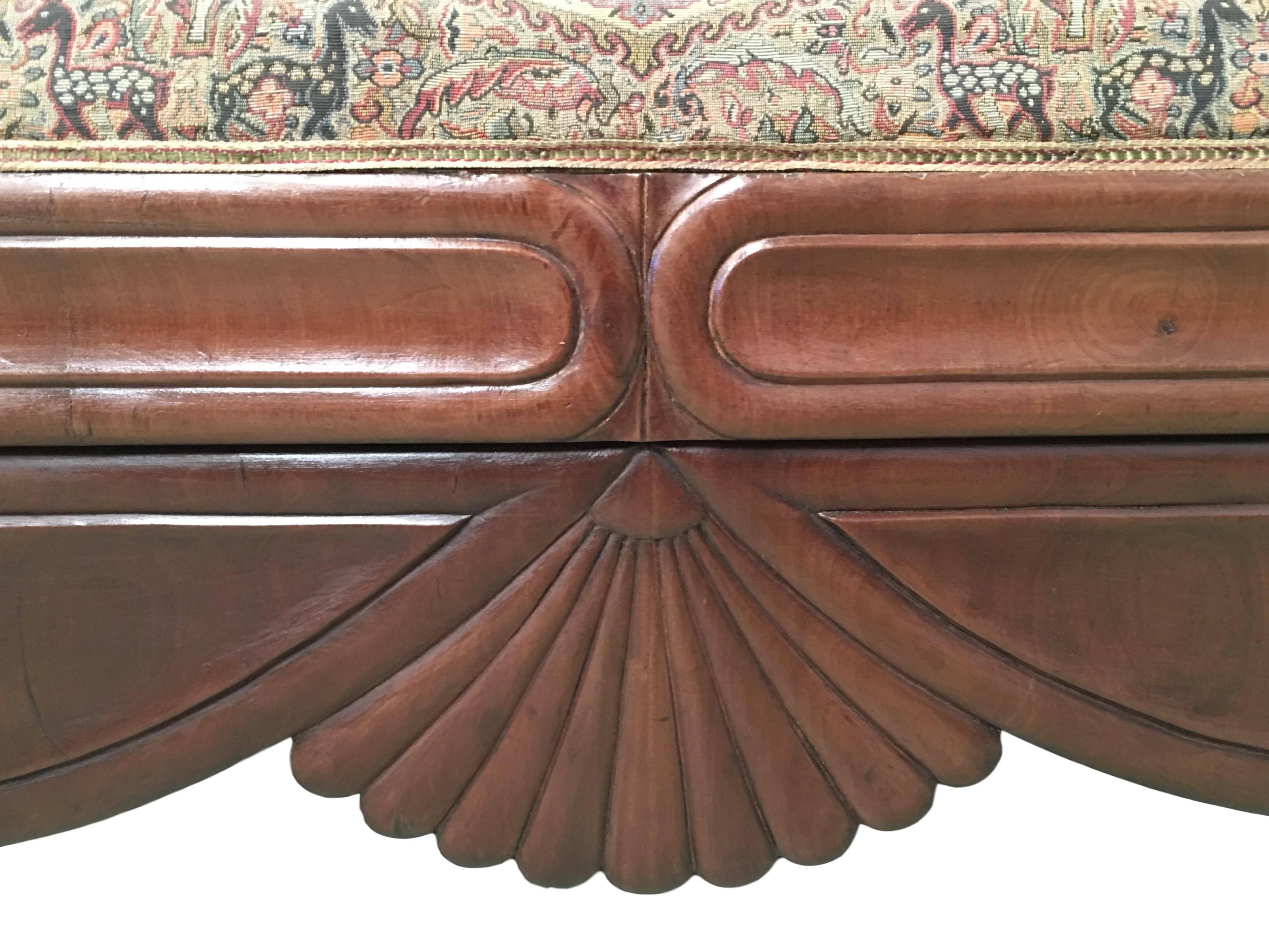 Elizabethan French Carved Walnut Bench, Sofa, Daybed Upholstered in Original Damask For Sale