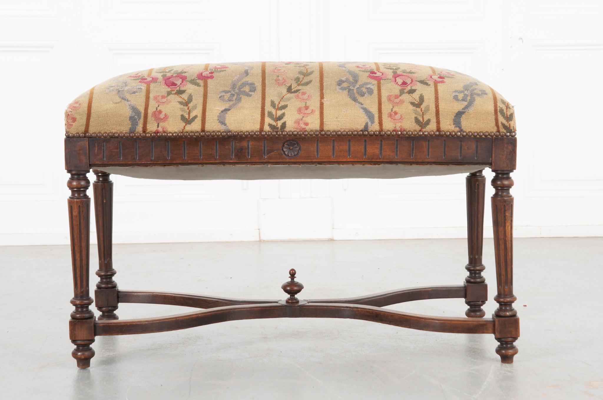 Louis XVI French Carved Walnut Bench with Needlepoint Upholstery