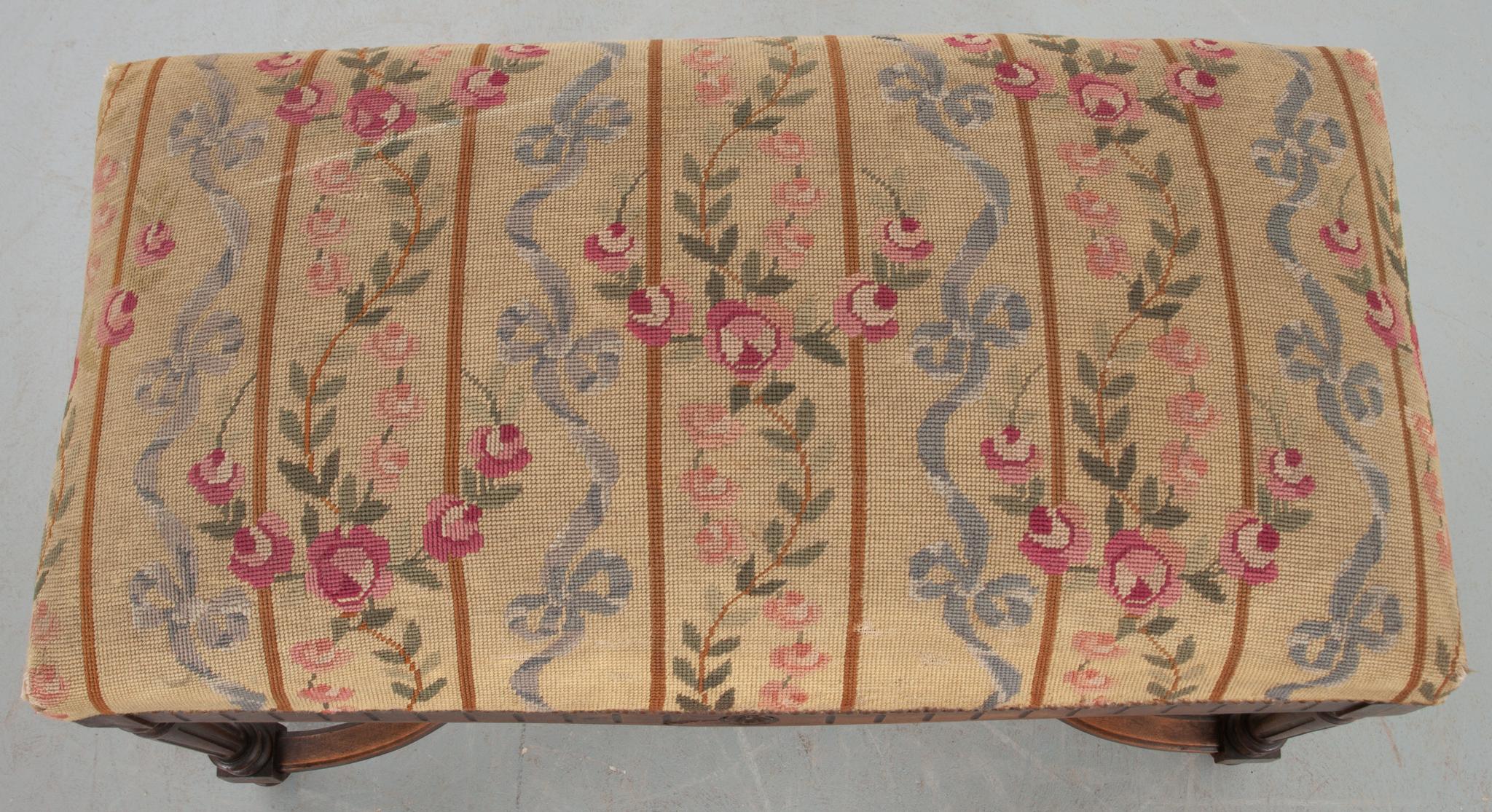 19th Century French Carved Walnut Bench with Needlepoint Upholstery