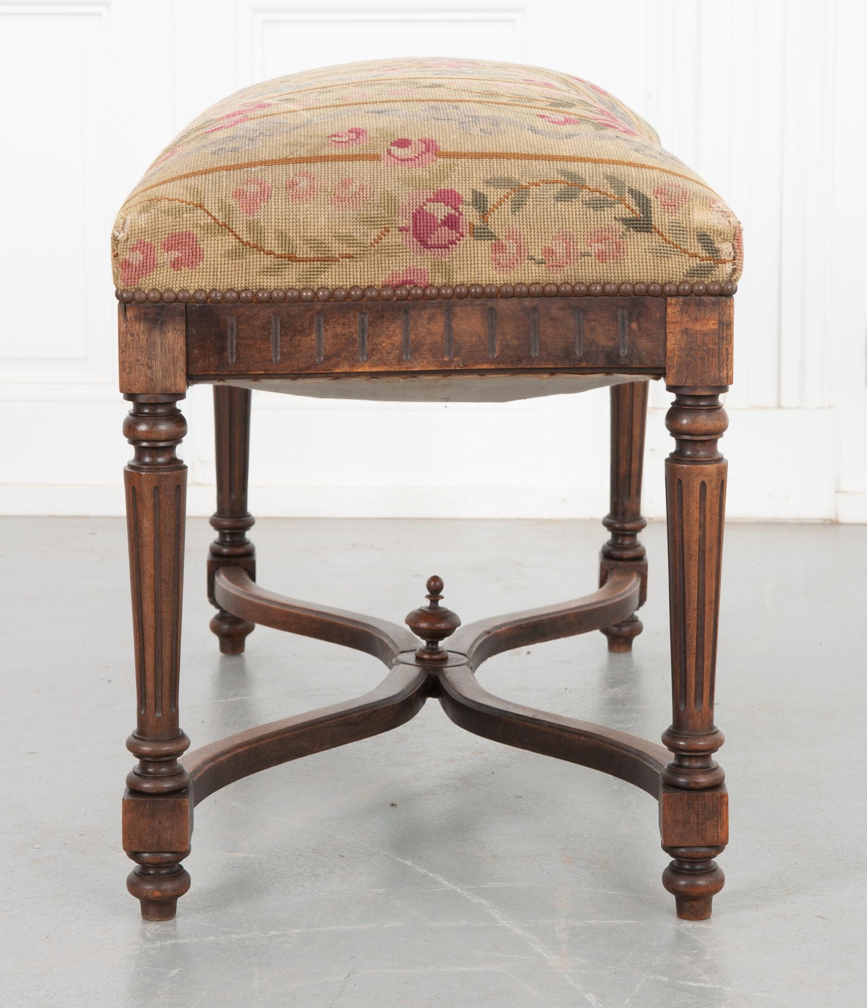 Textile French Carved Walnut Bench with Needlepoint Upholstery