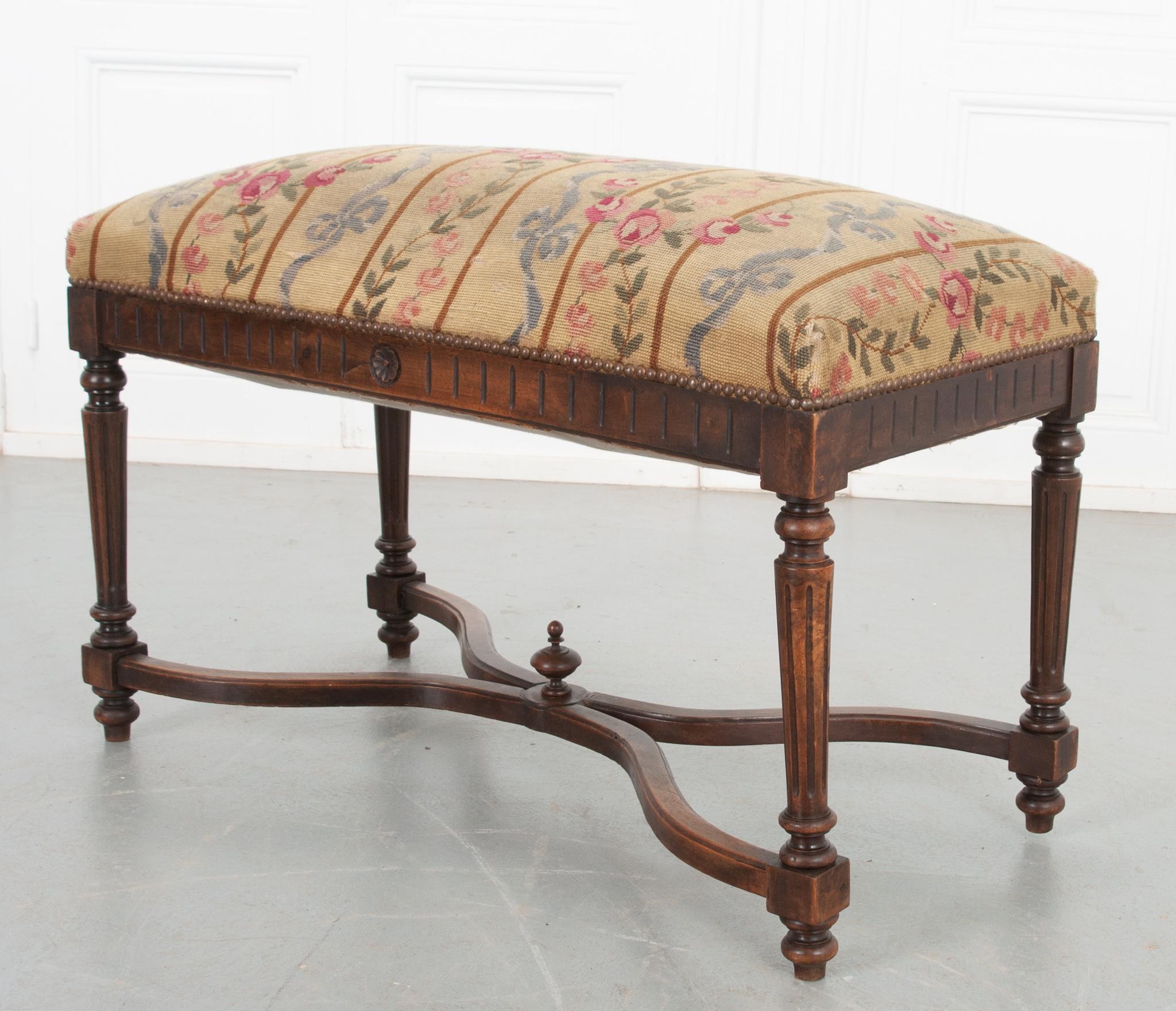 French Carved Walnut Bench with Needlepoint Upholstery 3
